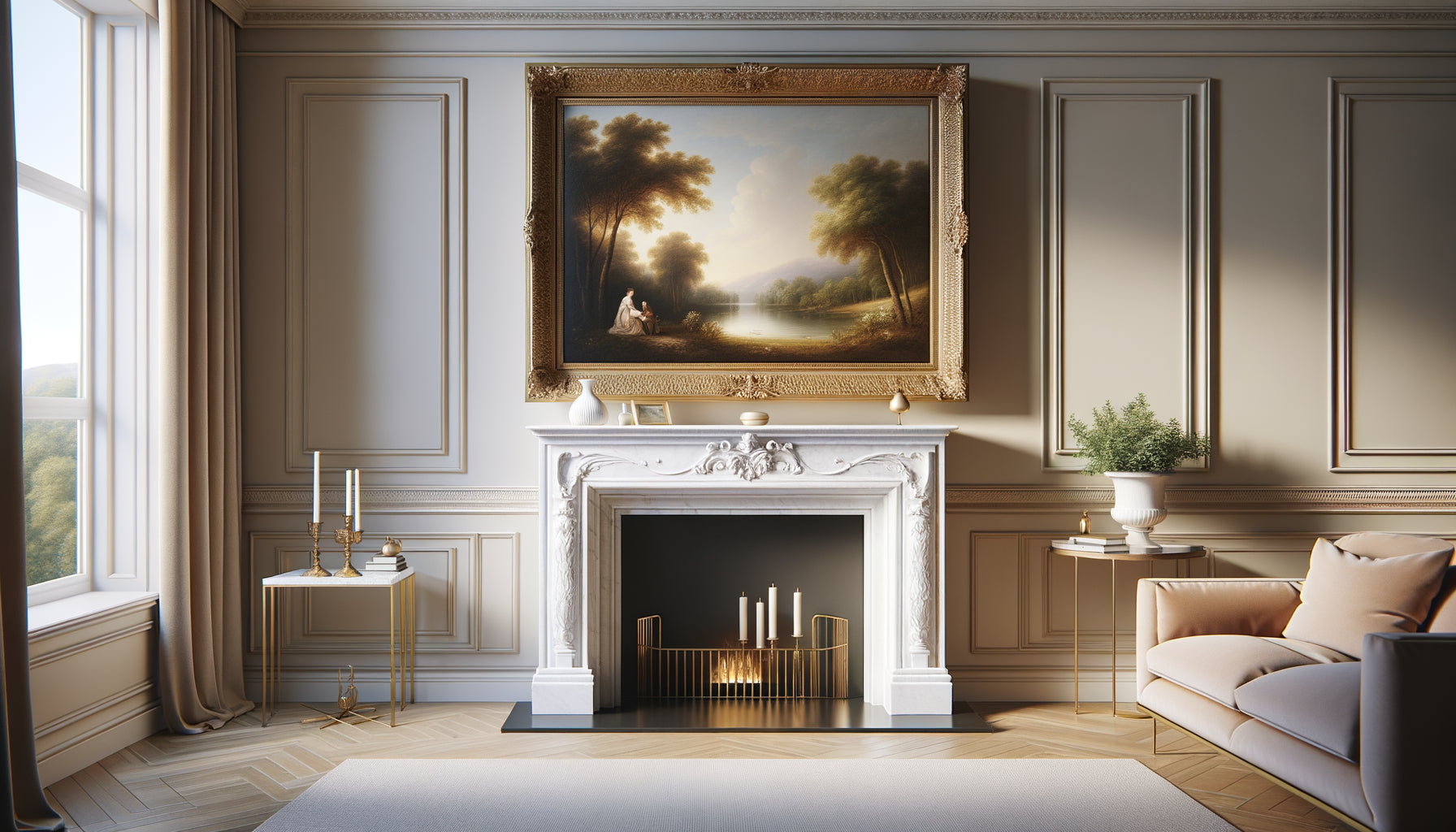 Salon élégant avec tableau parfaitement positionné au-dessus d'une cheminée en marbre, démontrant les proportions idéales