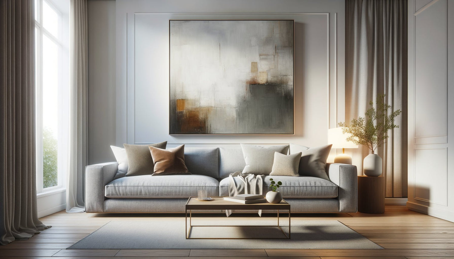 Salon moderne avec grand tableau abstrait parfaitement proportionné au-dessus d'un canapé gris, démontrant les règles d'accrochage idéales