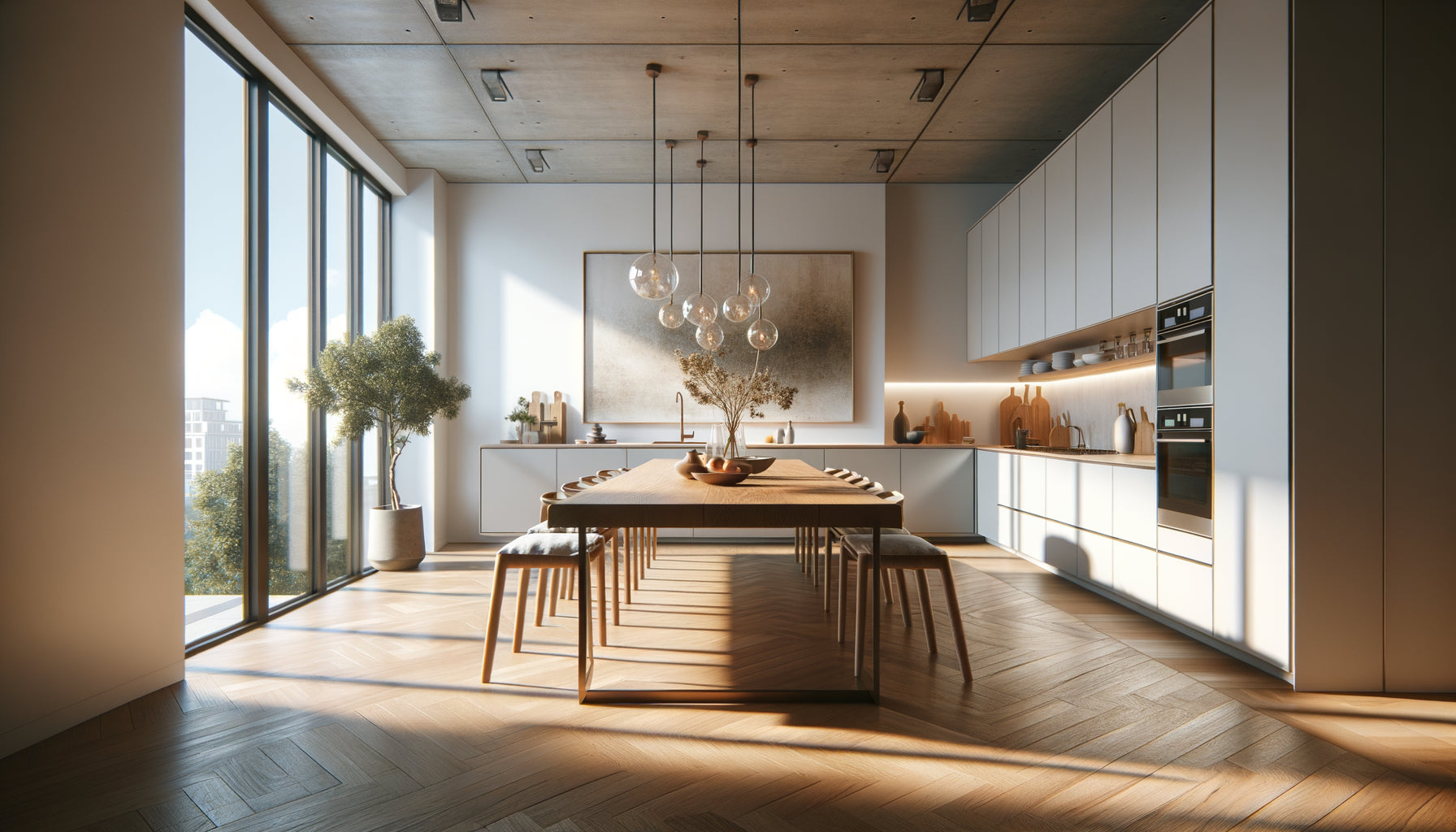 Salle à manger contemporaine avec tableau parfaitement positionné 40 cm au-dessus de la table intégrée à la cuisine