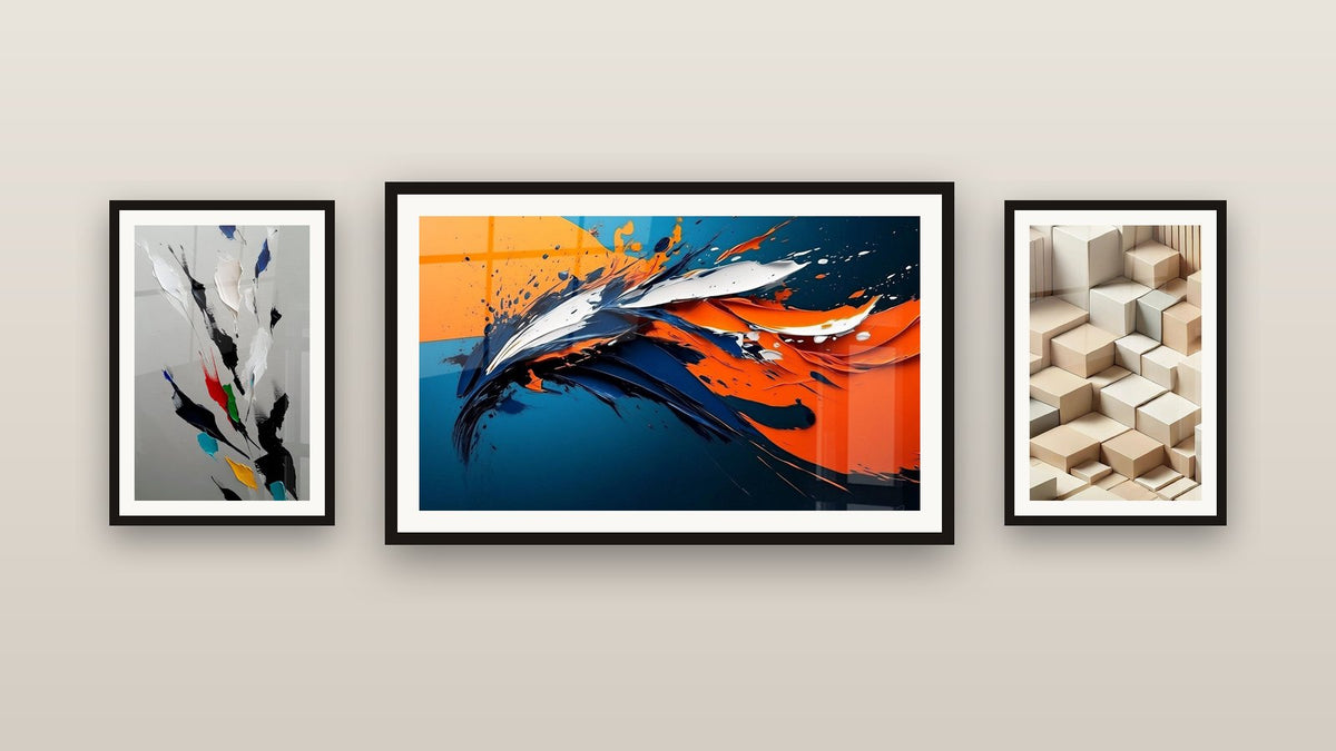 Gallery wall with three framed paintings: Dynamic Abstract, Minimalism Sculpted and Abstract Feather