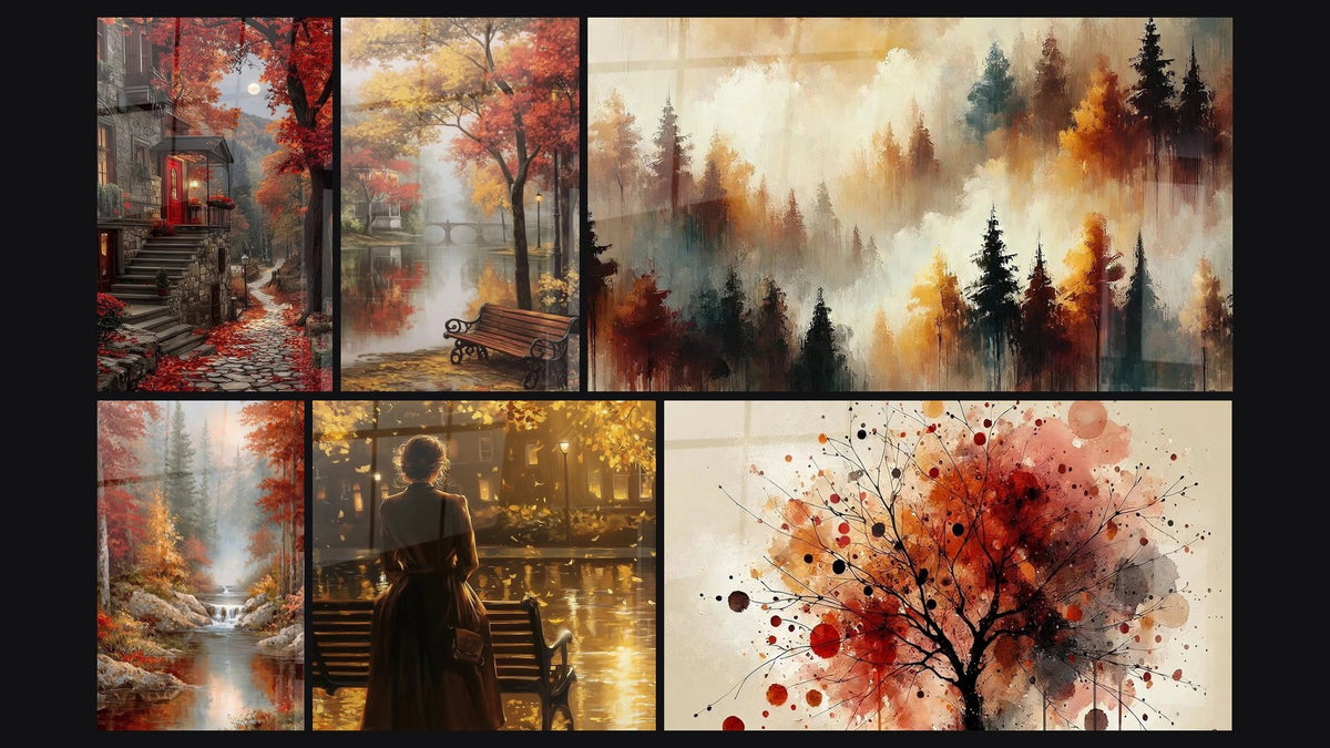 Mosaïque de six tableaux, dont Paysage Urbain Escalier de Pierre, Cascade Magie Rousse et Paysage Banc Solitaire