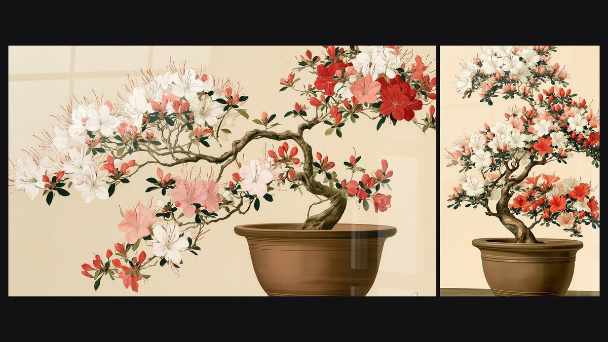 Deux tableaux côte à côte : Bonsaï rouge et blanc en pot terracotta et Bonsaï blanc et corail en pot brun