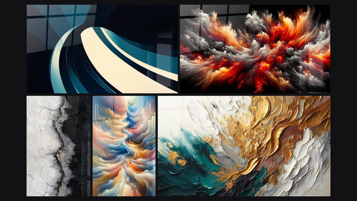 Mozaïek van vijf schilderijen, waaronder Abyssische Zonnestorm, Resonantie van Hemelse Tinten en Spoor in Goud en Jade
