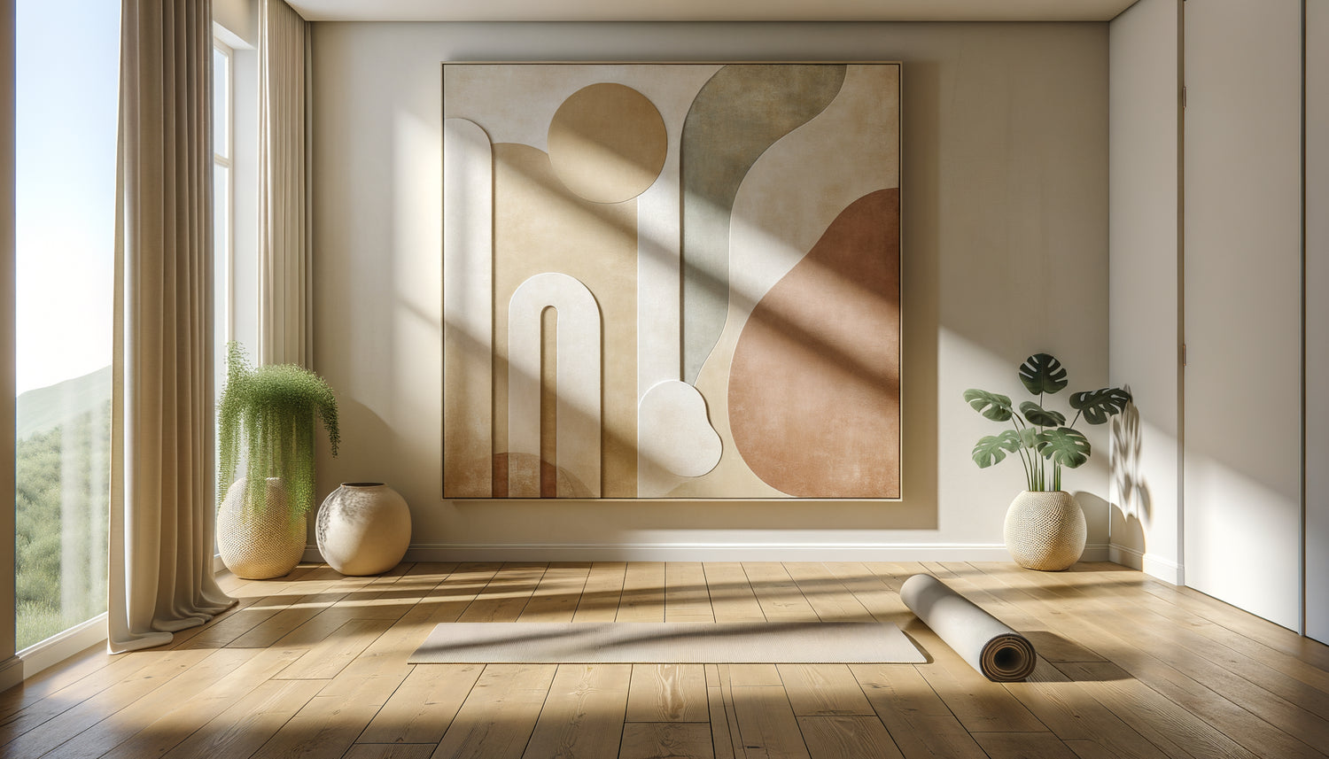 Studio de yoga contemporain avec grand tableau abstrait aux tons beiges, ambiance minimaliste et apaisante