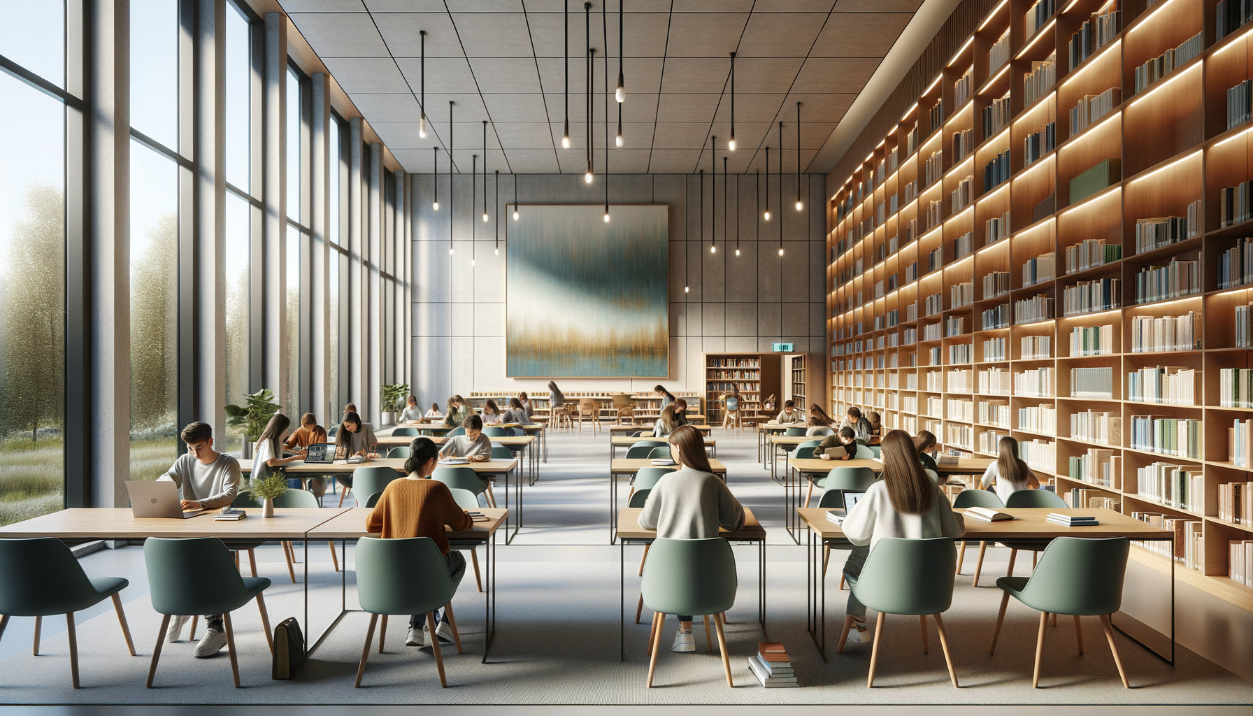 Bibliothèque scolaire moderne avec tableau aux couleurs apaisantes favorisant la concentration des élèves