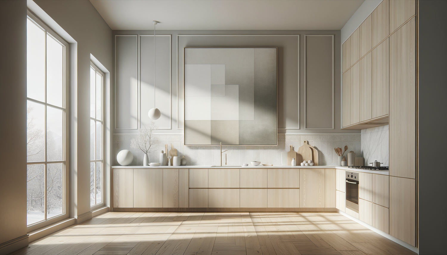 Tableau abstrait aux nuances de blancs et gris dans une cuisine scandinave minimaliste contemporaine avec bois clair