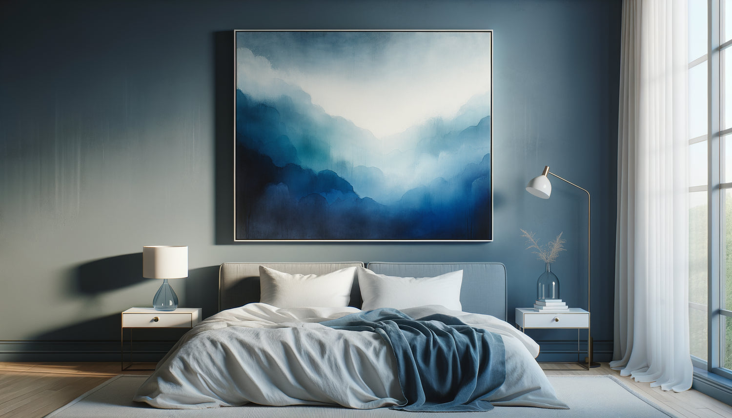 Tableau abstrait aux nuances de bleu apaisant au-dessus d'un lit, dominante bleue favorisant l'endormissement