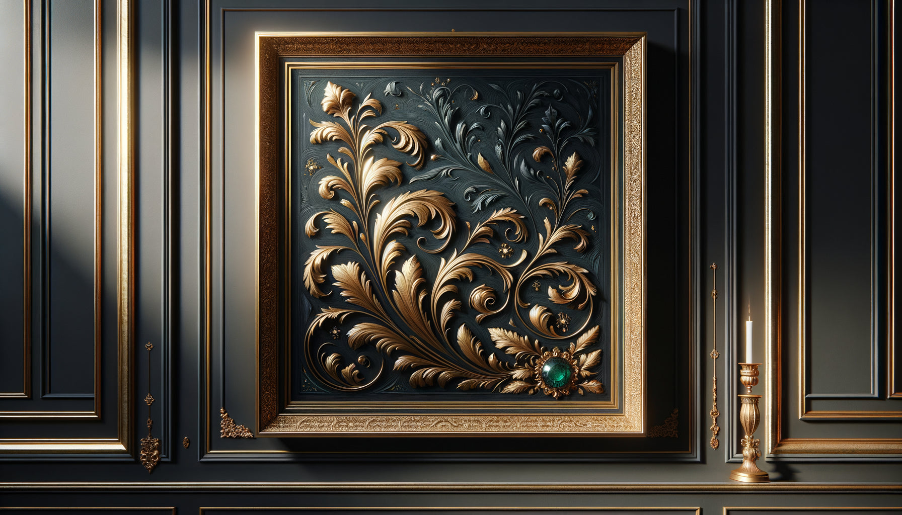 Tableau aux tons bleu profond et or discret dans cabinet notarial prestigieux sur mur gris anthracite