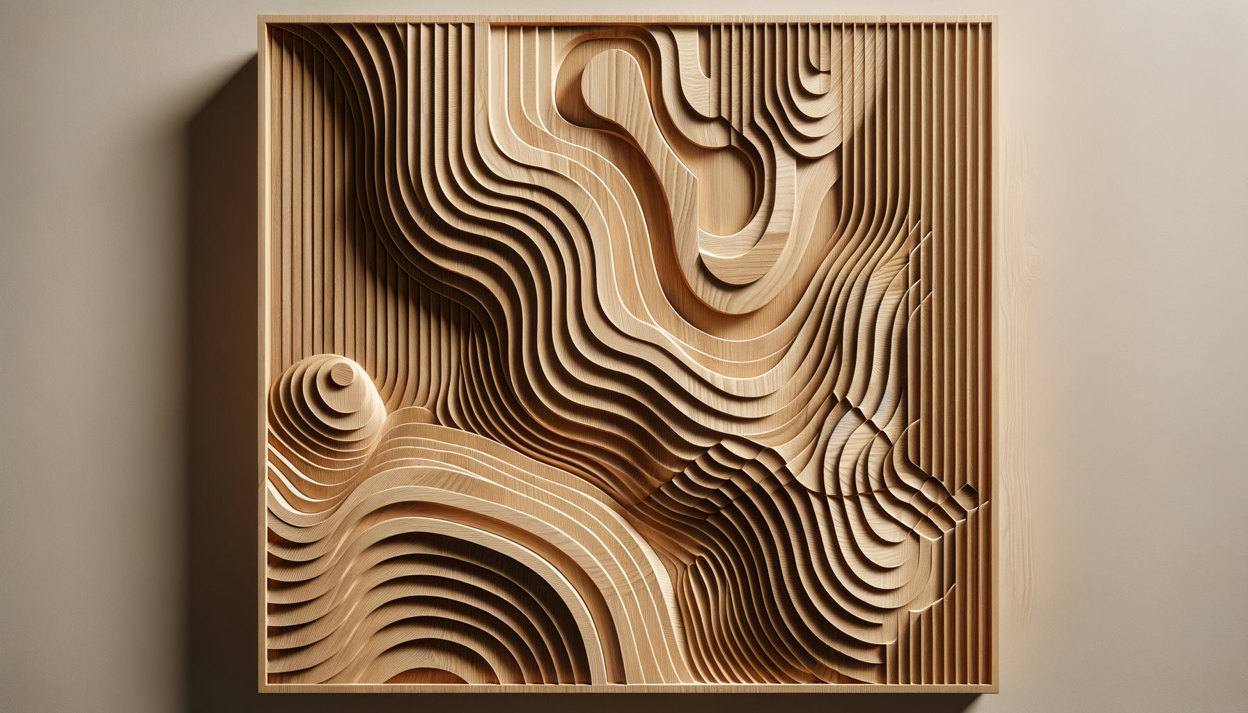 Tableau mural en bois découpé avec reliefs sculptés créant des ombres profondes et texture tactile organique
