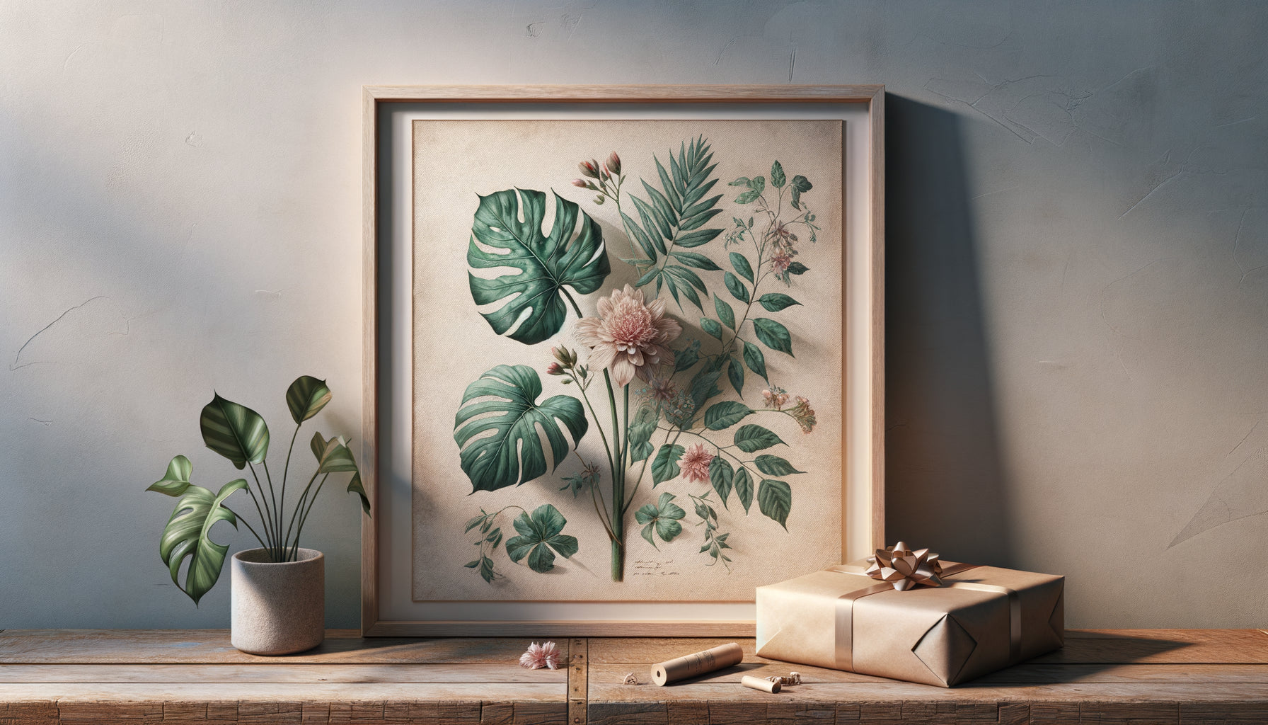 Tableau botanique style naturaliste 19ème siècle avec feuilles de monstera et fleurs délicates, présenté comme cadeau élégant