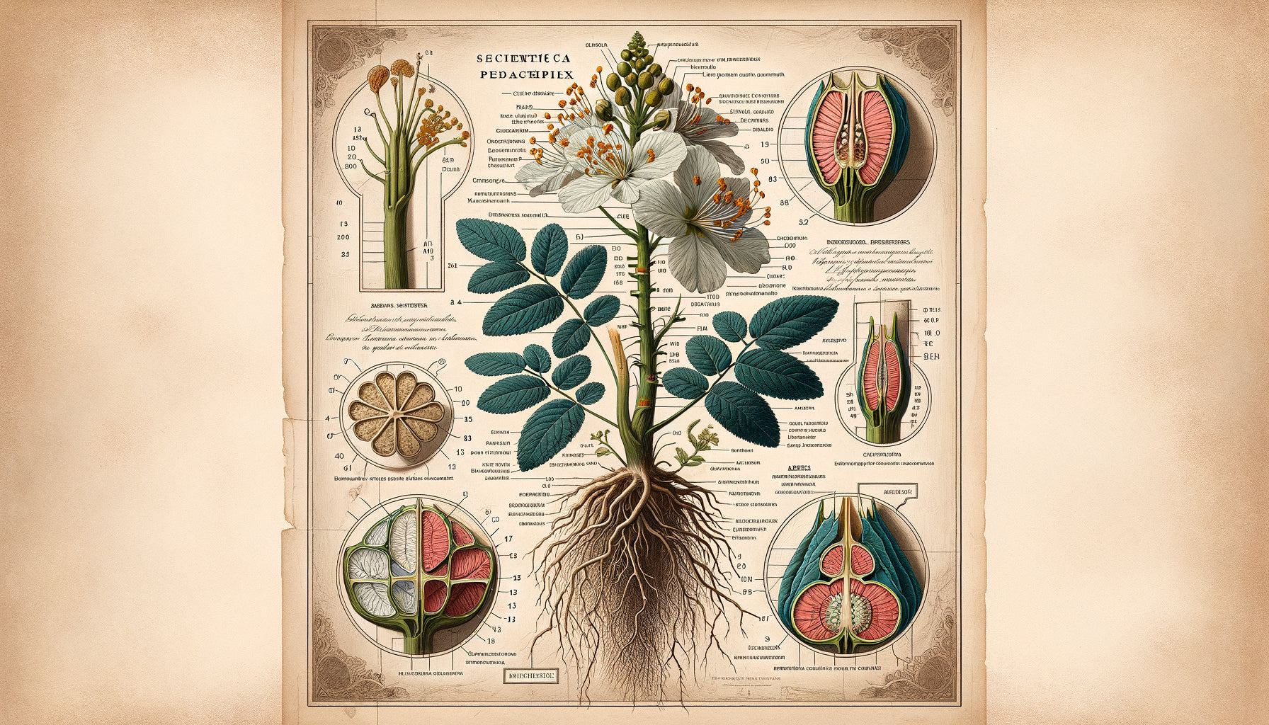 Planche botanique scientifique du 19ème siècle avec dissections anatomiques détaillées et annotations pédagogiques