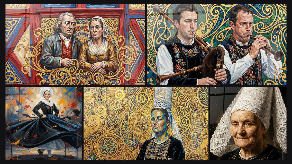 Mosaïque de cinq tableaux, dont Couple Traditionnel Breton, Danseuse Bretonne et Femme Bretonne Art Nouveau