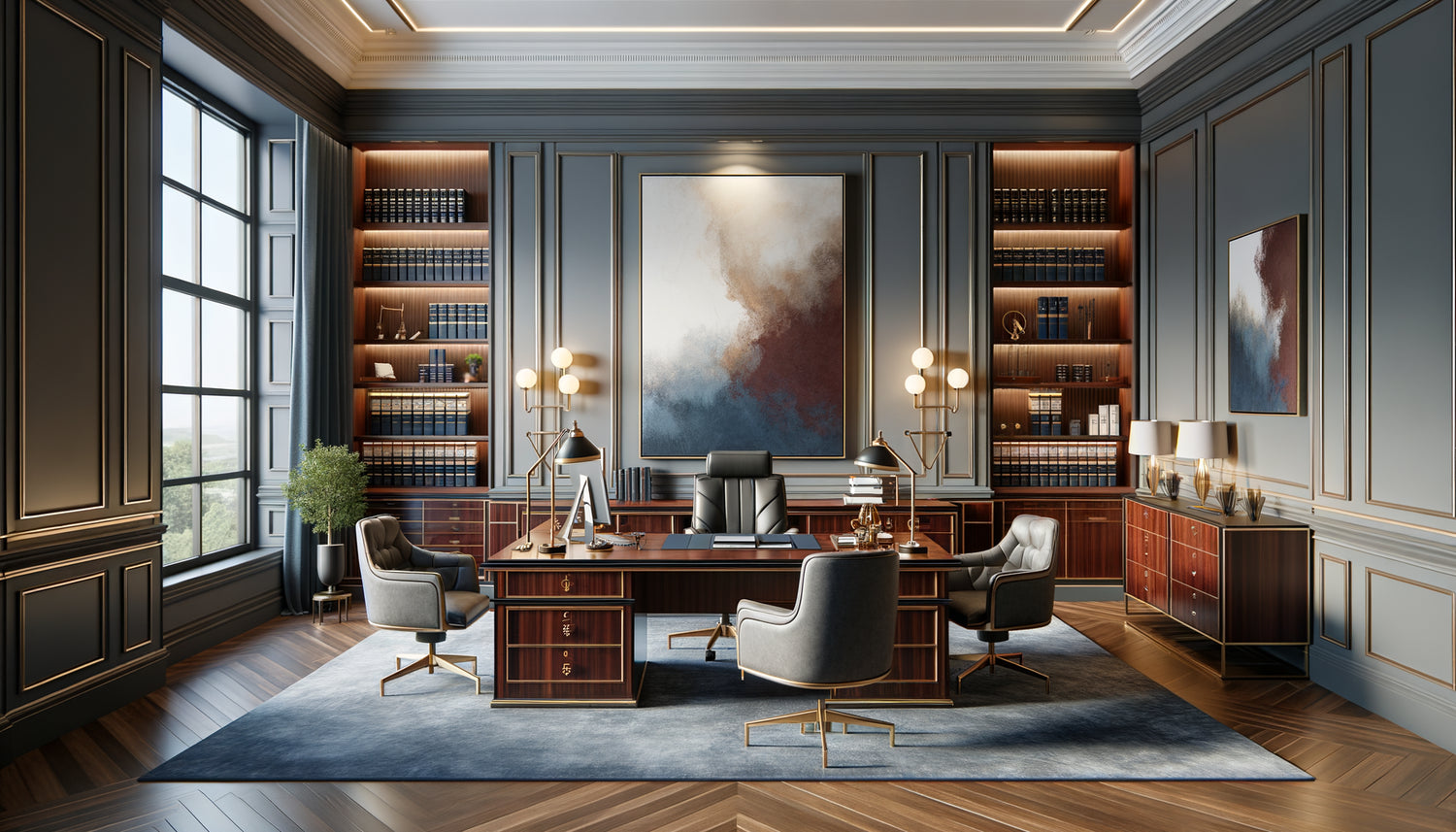 Bureau d'avocat contemporain avec tableau abstrait élégant sur mur gris-bleu, mobilier professionnel en bois noble