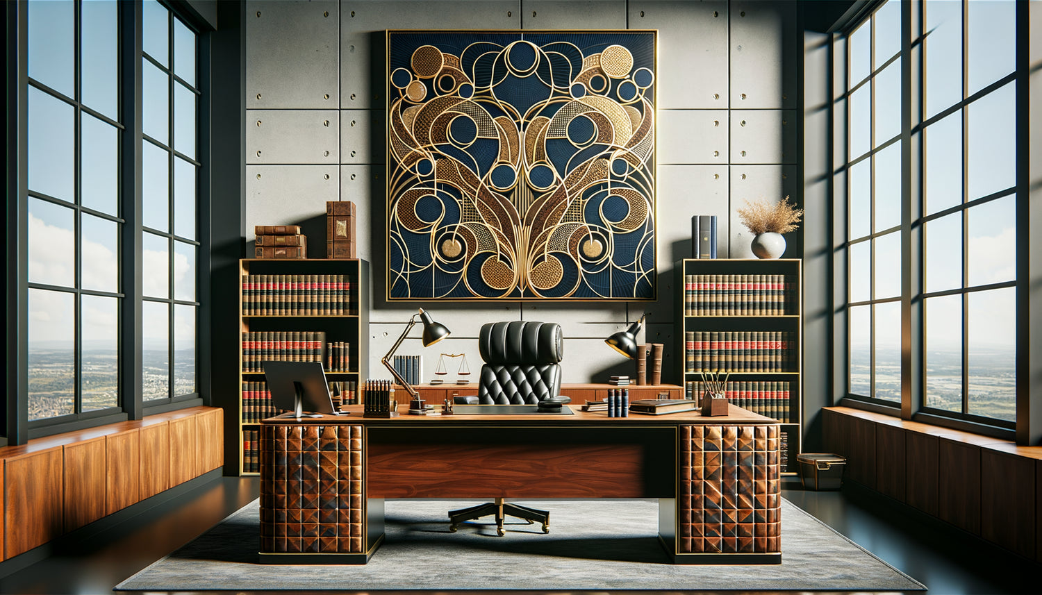 Tableau abstrait élégant aux tons bleu marine et or dans un cabinet d'avocats contemporain avec mobilier en cuir