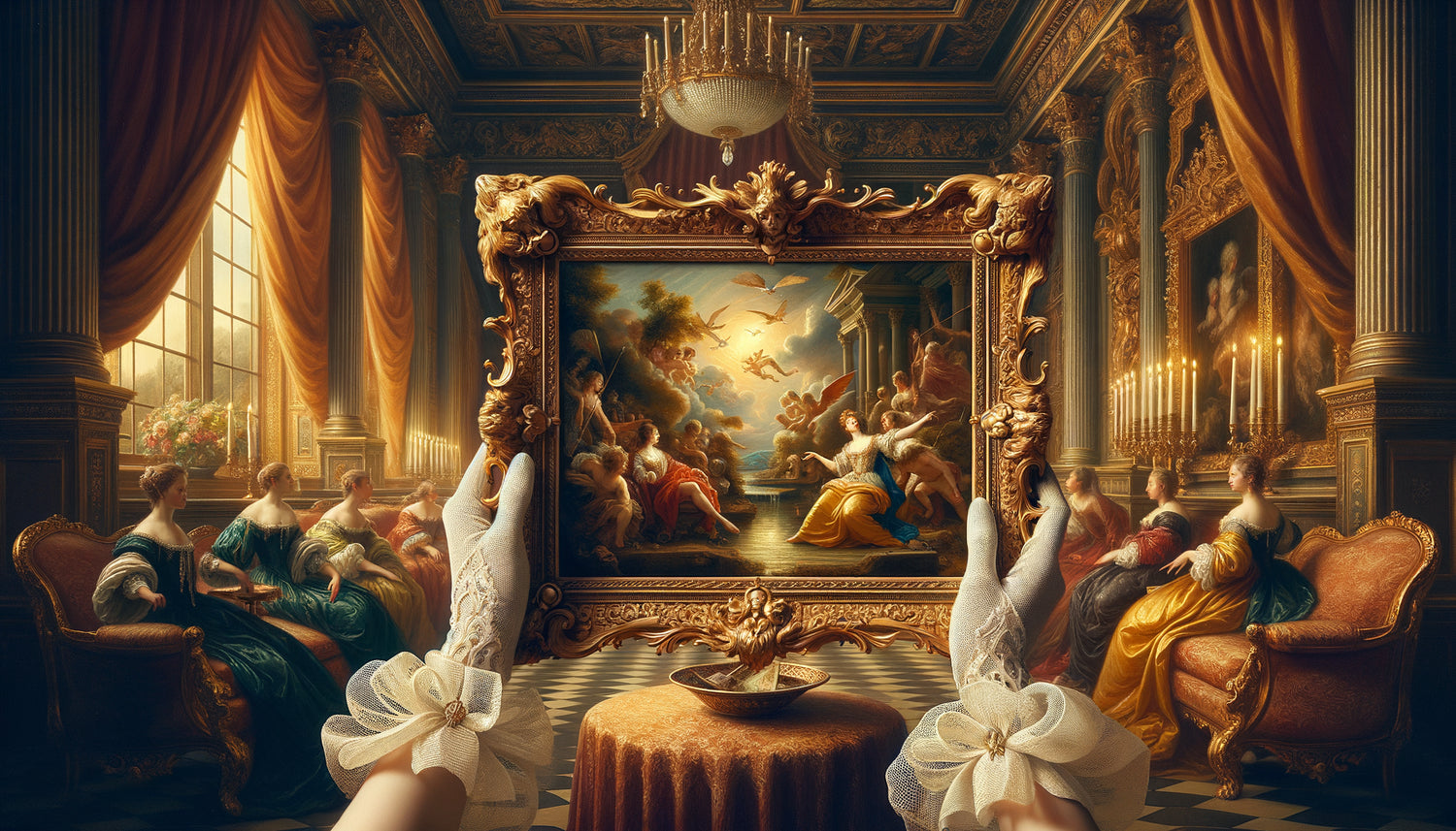 Tableau de cabinet baroque du XVIIe siècle dans cadre doré, présenté comme cadeau diplomatique princier sur coussin de velours