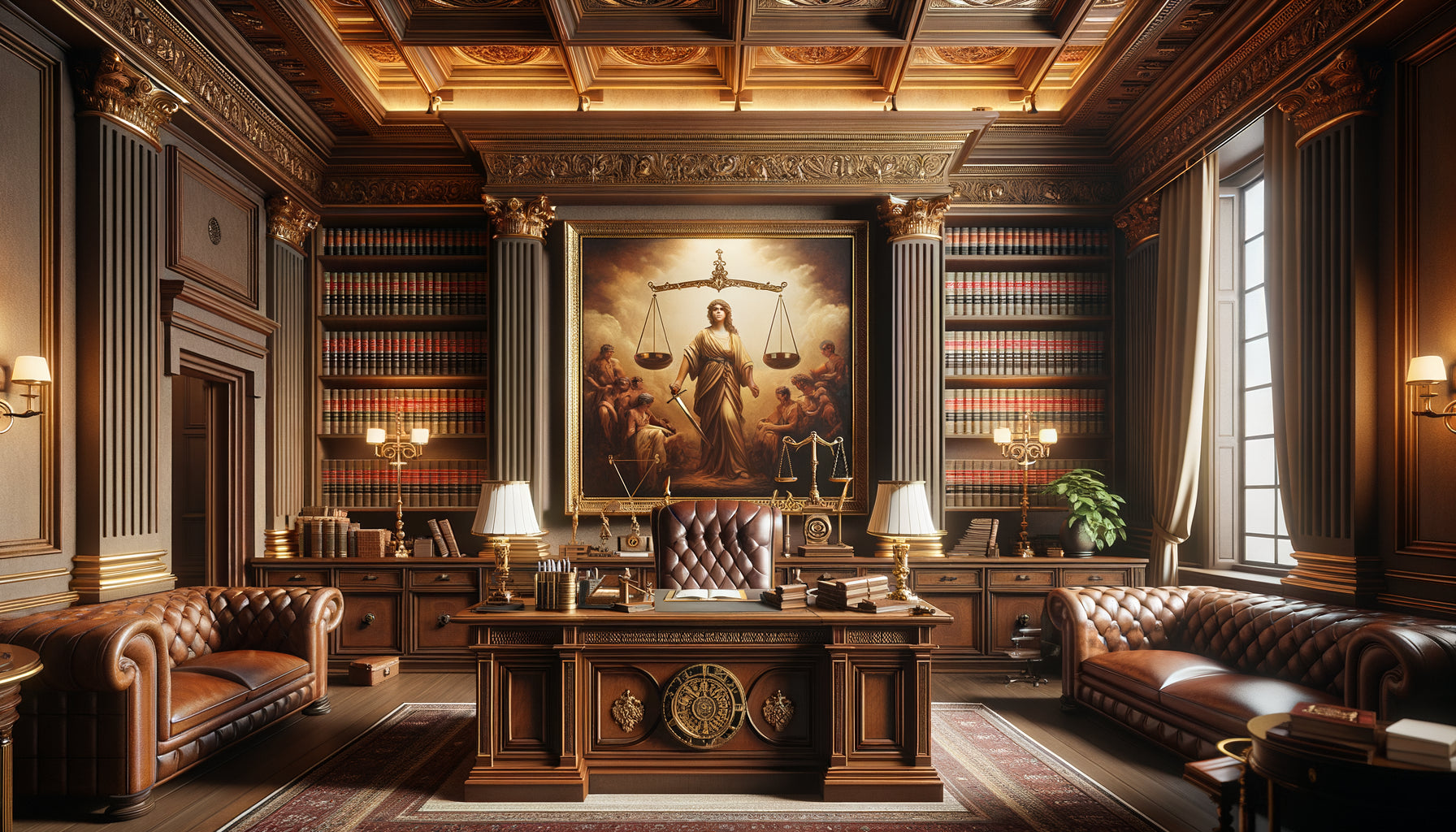 Tableau classique symbolisant l'intégrité dans un cabinet notarial prestigieux avec boiseries et mobilier traditionnel