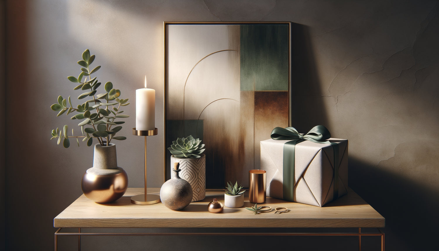 Mise en scène cadeau élégante avec tableau encadré accompagné d'accessoires décoratifs assortis sur console contemporaine