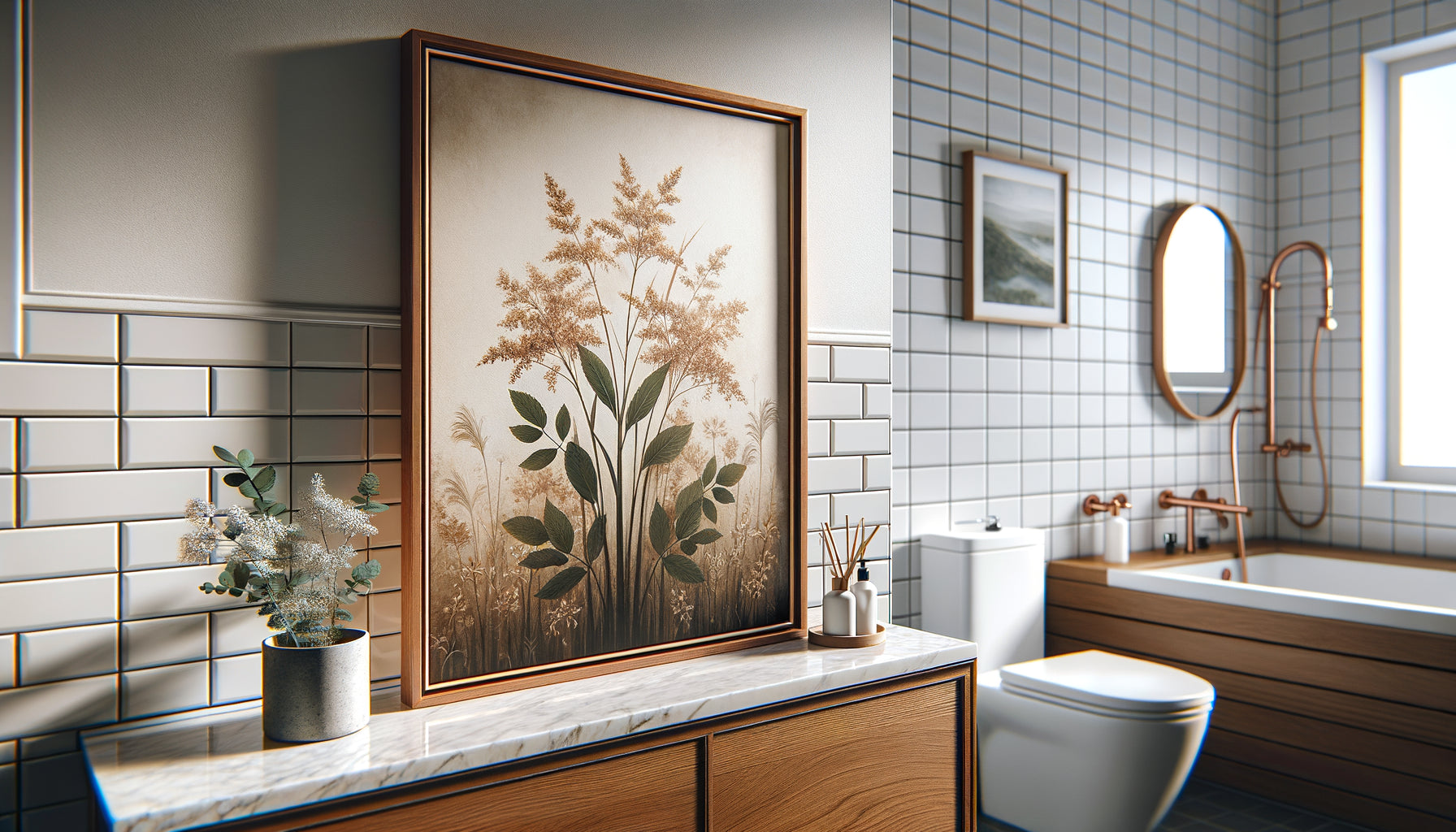 Tableau encadré en bois verni suspendu dans une salle de bain moderne avec carrelage blanc et ambiance spa