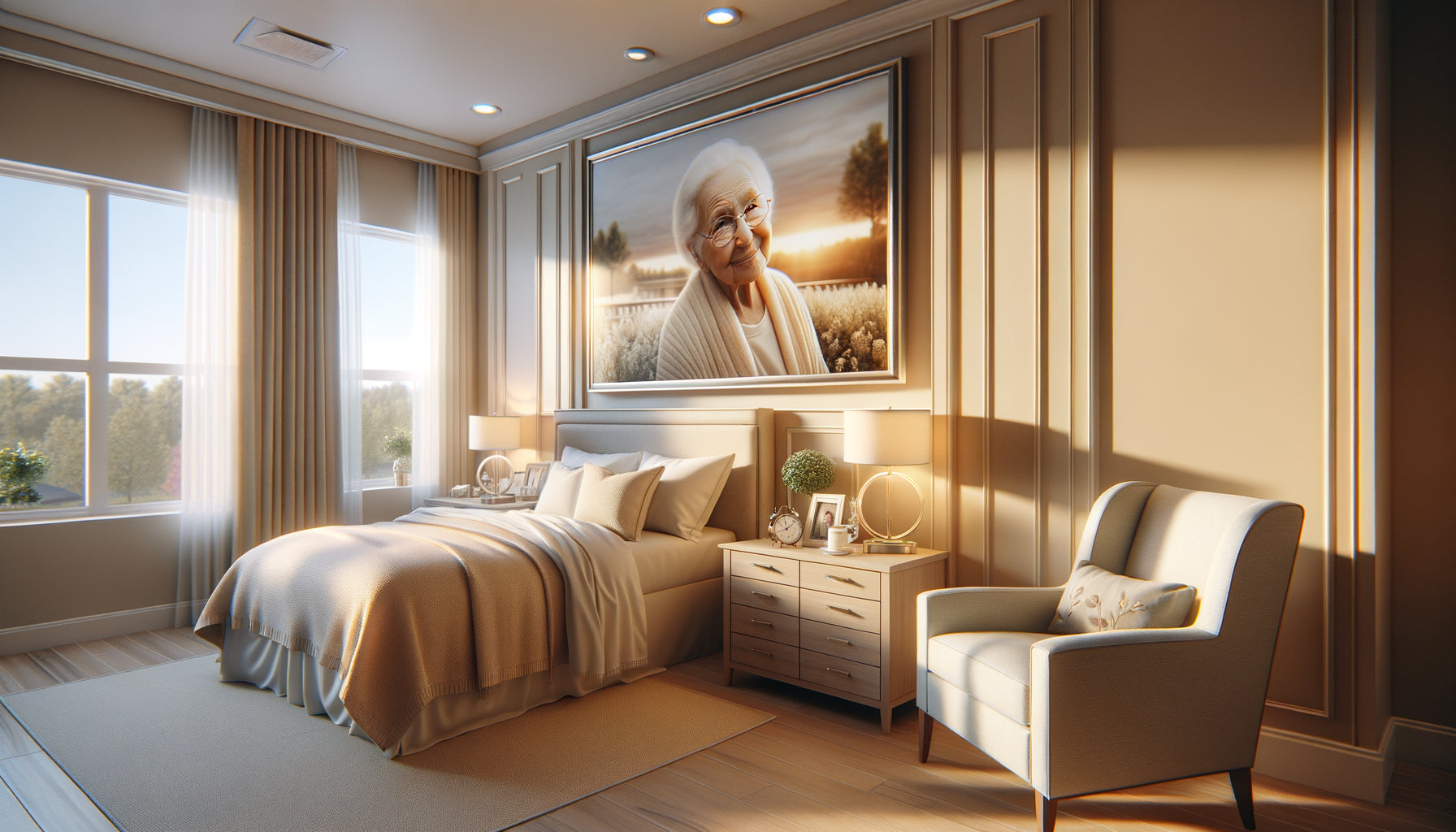 Tableau encadré avec protection en verre sécurisé dans une chambre chaleureuse de résidence seniors