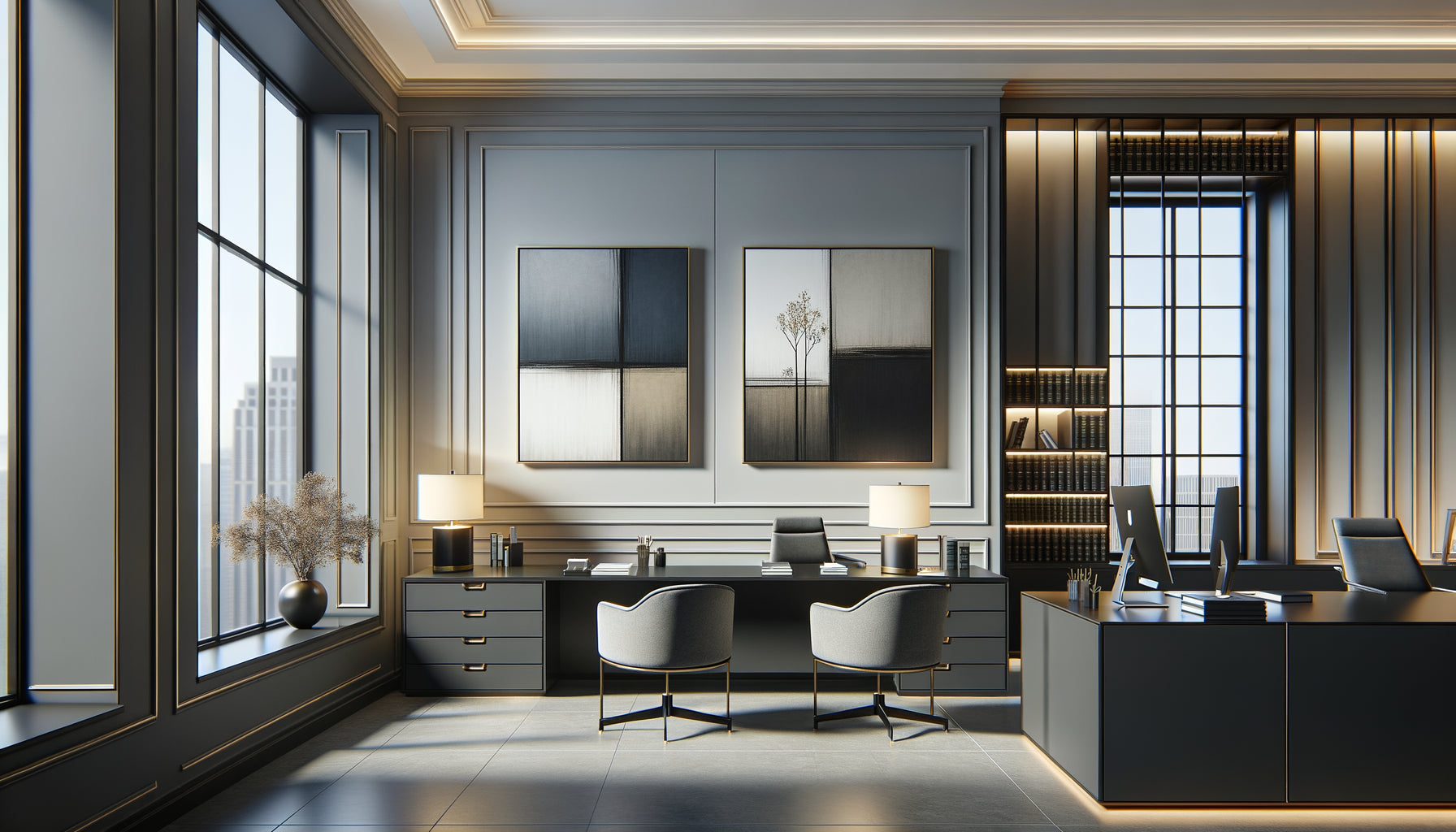 Intérieur moderne de cabinet d'avocats avec tableaux encadrés et sans cadre en comparaison directe