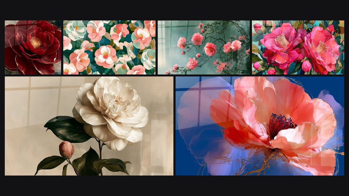Mosaico de seis cuadros, entre ellos Camelia coral y azul rey con ramas doradas y Camellias coral y menta en plena floración