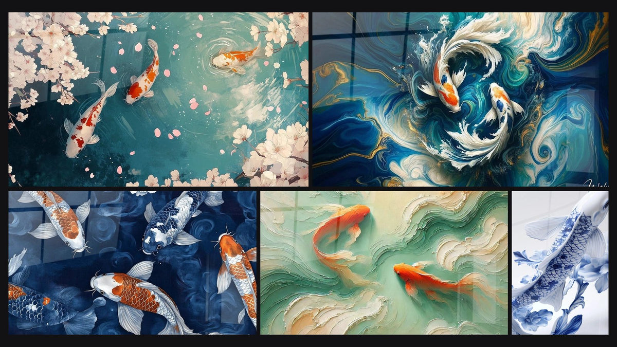 Mosaïque de cinq tableaux, dont Carpe koi jardin d'éternité, Carpe koï Rêve de bassin et Danse des Koi