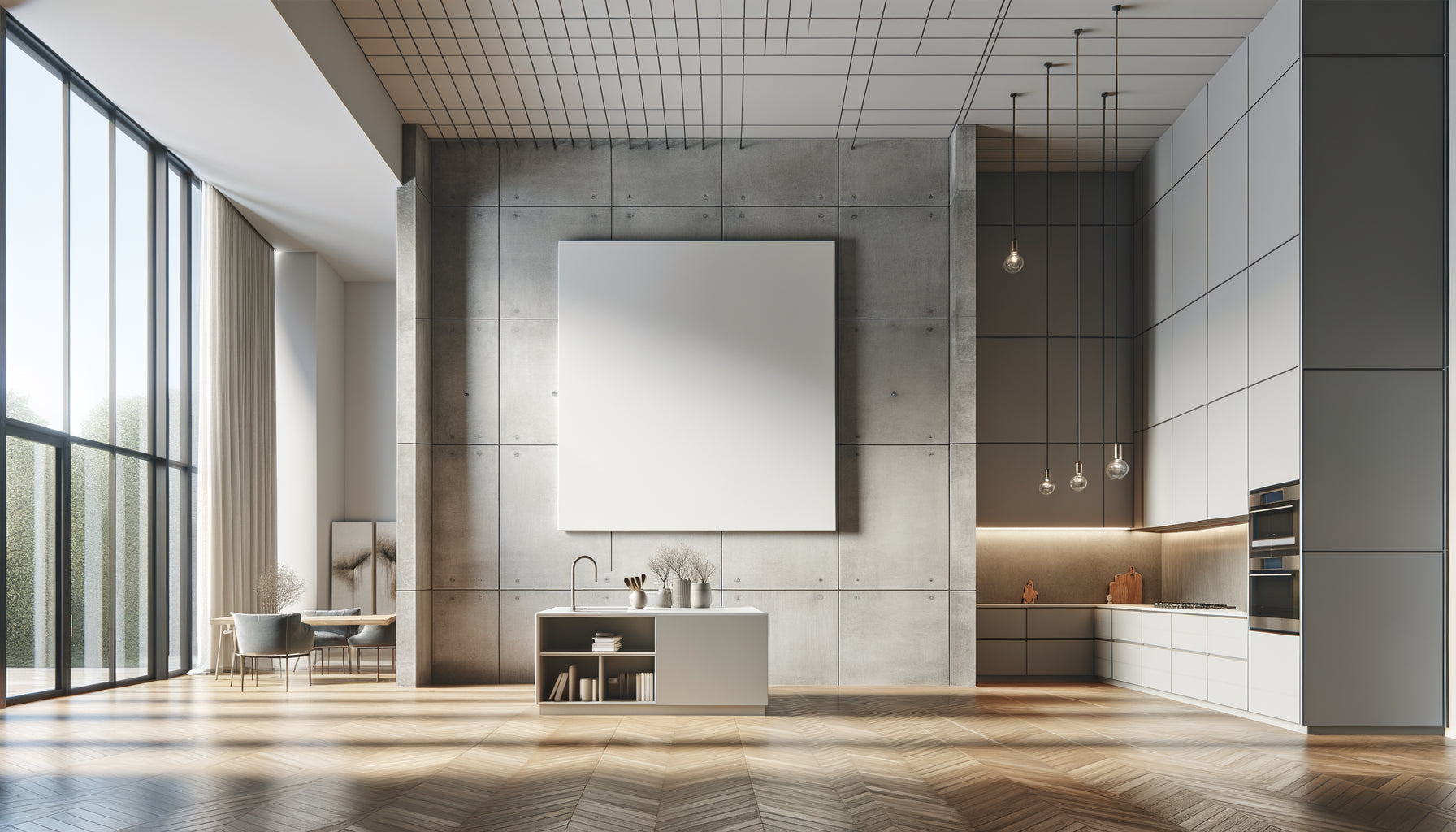 Cuisine ouverte spacieuse contemporaine avec tableau carré XXL 100x100cm comme point focal architectural sur grand mur blanc