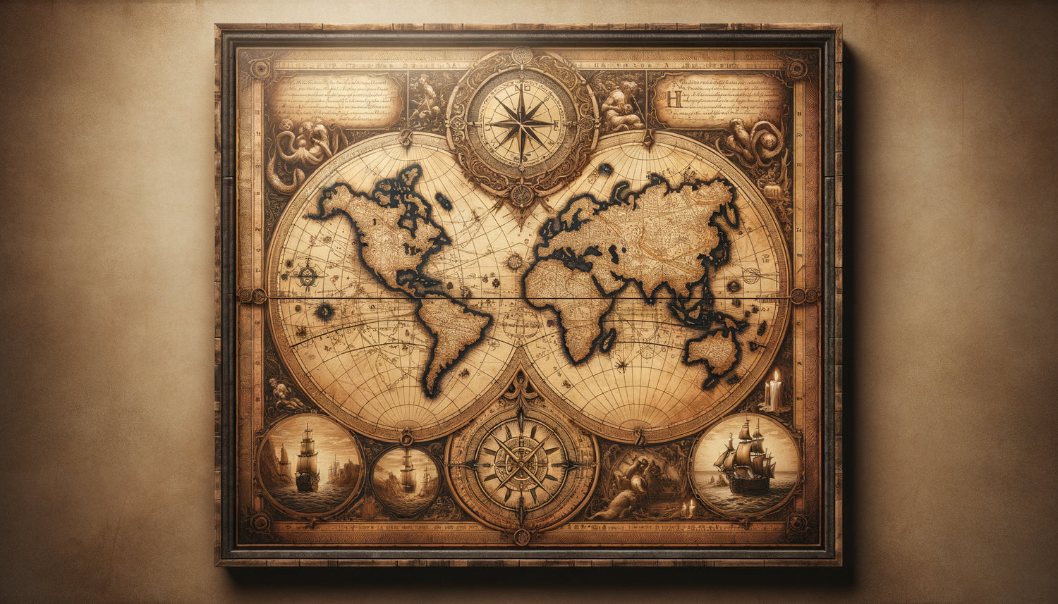 Carte ancienne du 17ème siècle style parchemin avec rose des vents, navires et monstres marins, texture vieillie authentique