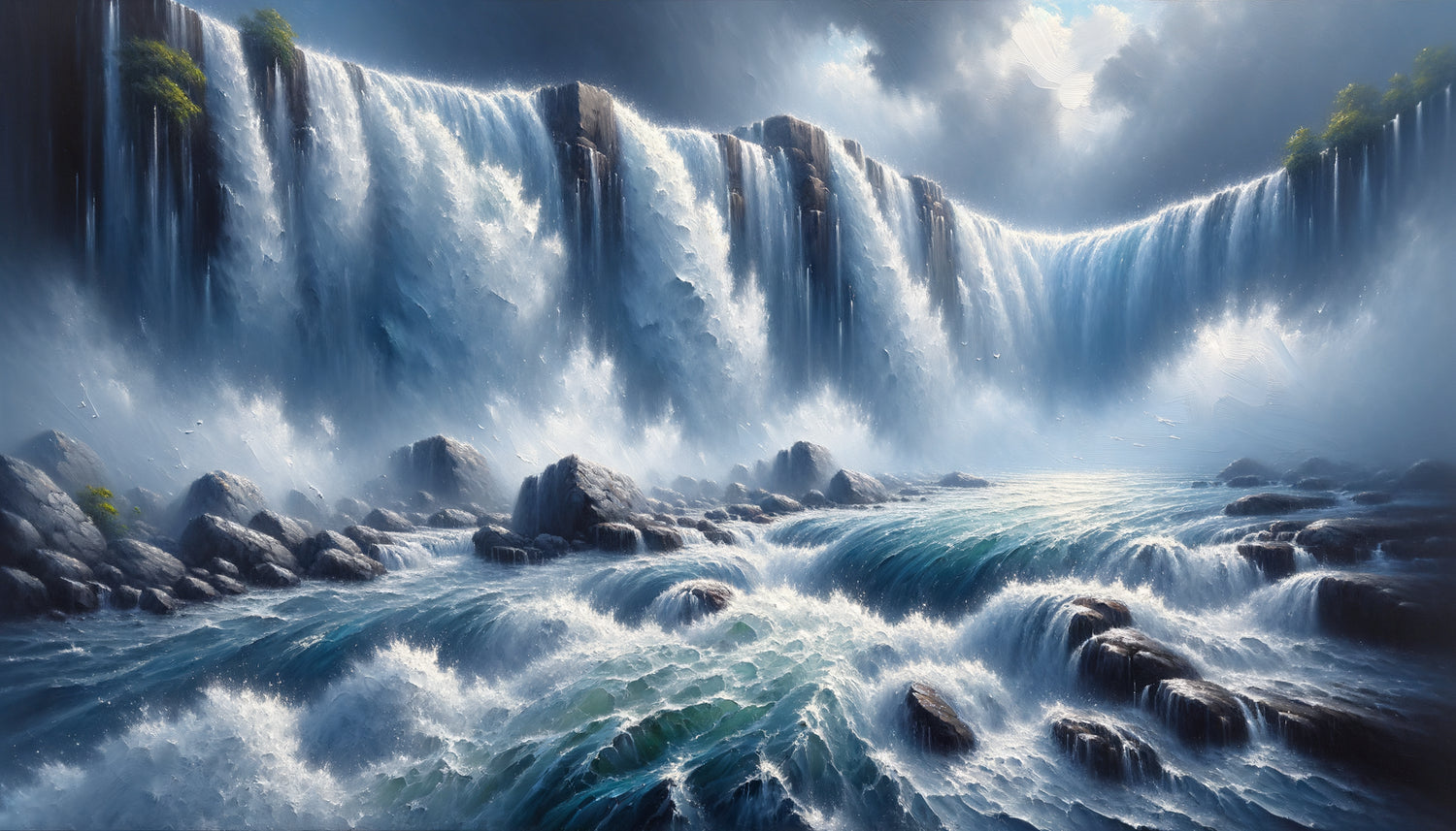 Peinture rapprochée de cascade puissante avec coups de pinceau dynamiques évoquant le mouvement et le son de l'eau