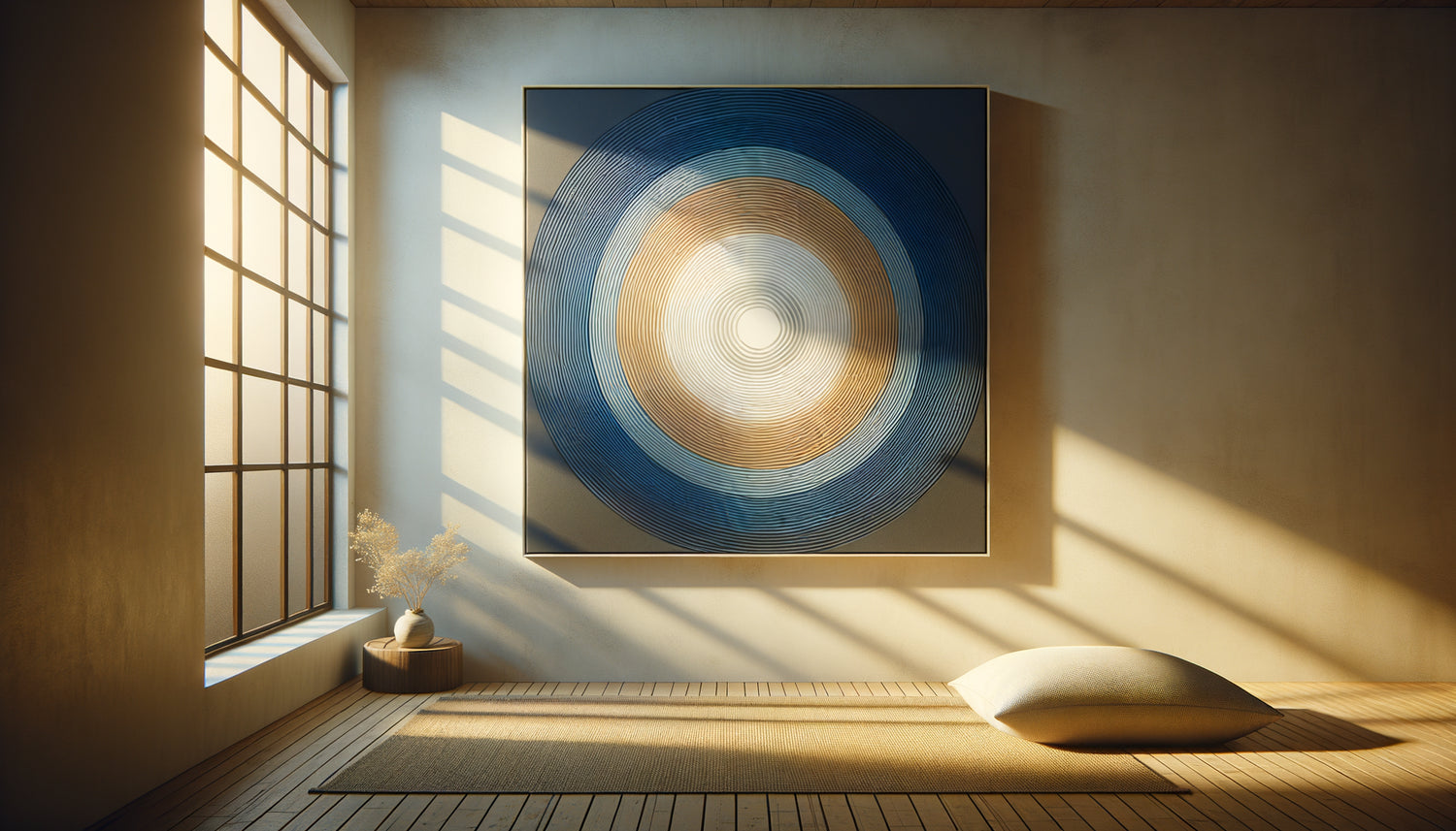 Tableau de cercles concentriques zen créant un effet hypnotique dans un espace de méditation minimaliste contemporain