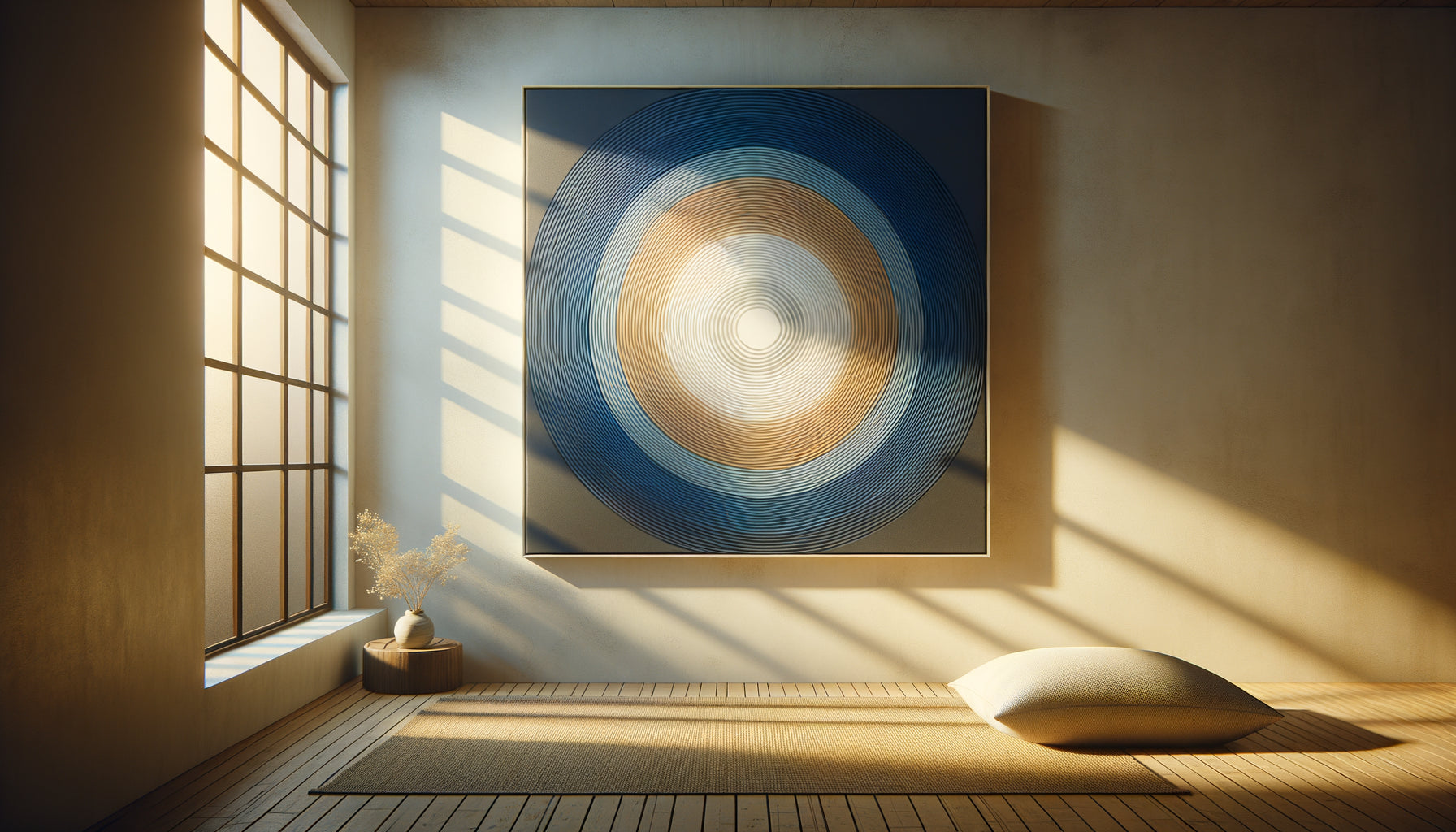 Tableau de cercles concentriques zen créant un effet hypnotique dans un espace de méditation minimaliste contemporain