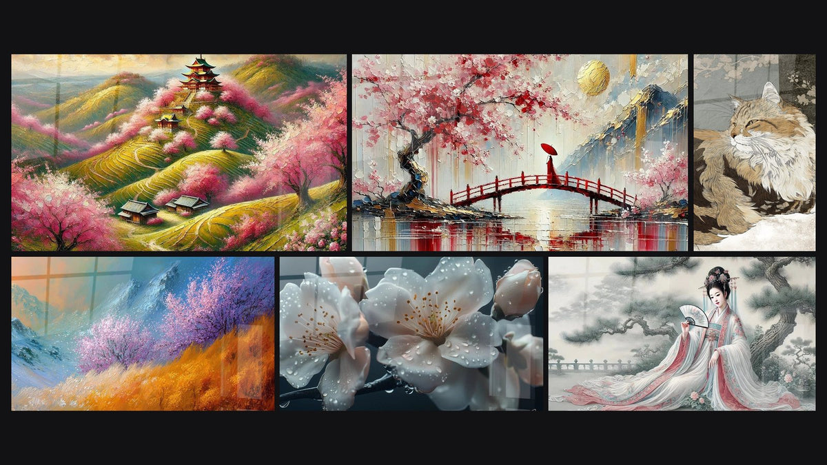Mosaïque de six tableaux, dont Cerisier Japonais N°1, Passage sous le Sakura et Chat Sibérien Sous les Cerisiers