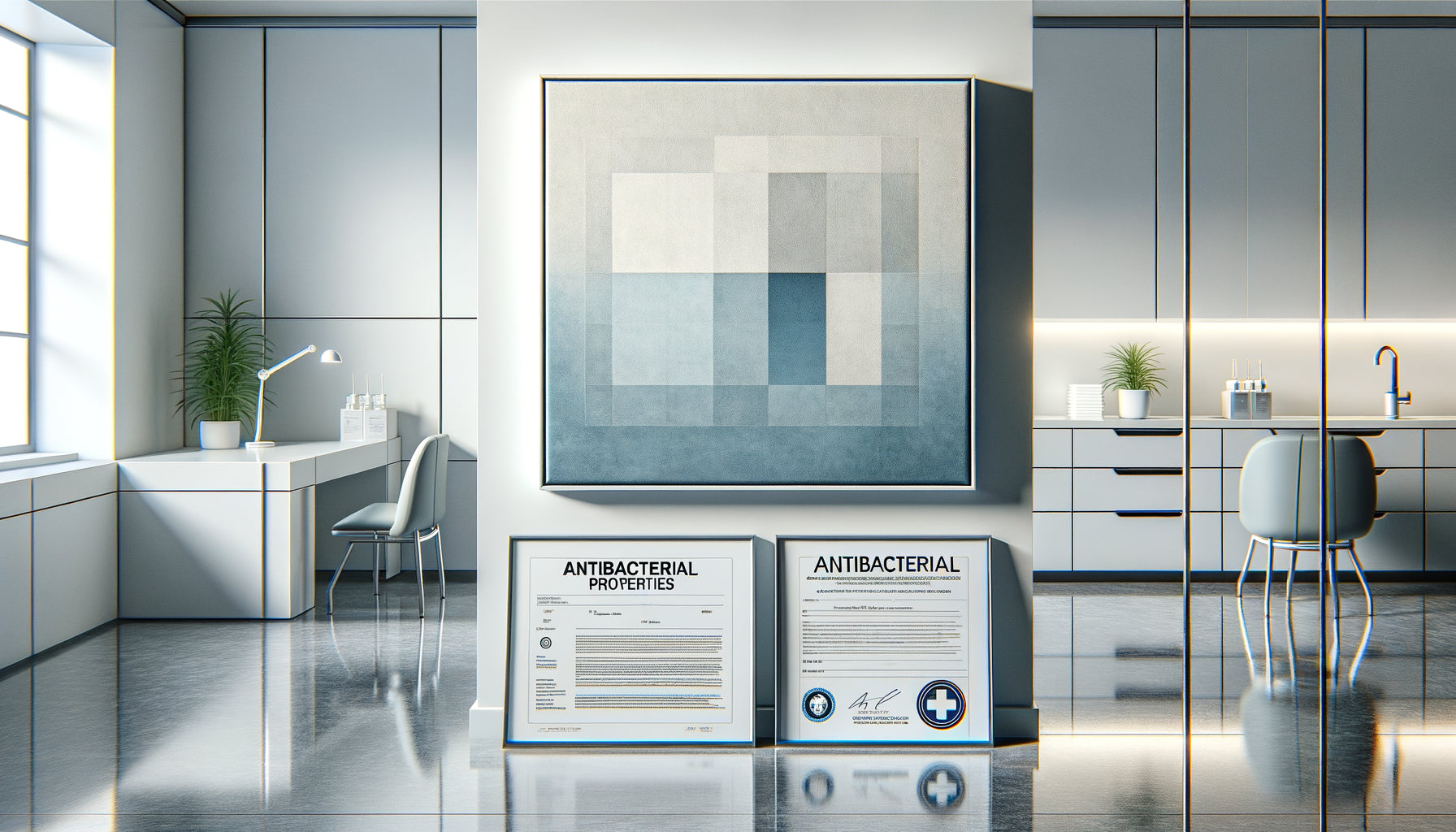 Tableau abstrait moderne avec certificat antibactérien visible dans environnement médical professionnel