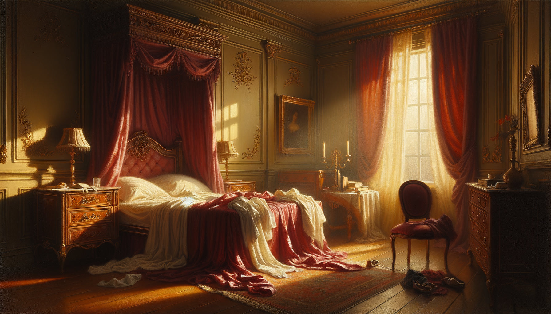 Peinture symboliste fin 19ème d'une chambre intime aux draps froissés, lumière dorée suggérant la passion par l'atmosphère