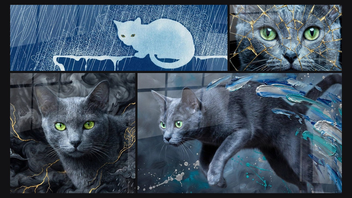 Mosaic of four paintings, including Cat in the Rain, Mystical Korat Cat and Korat Cat Emerald Gaze