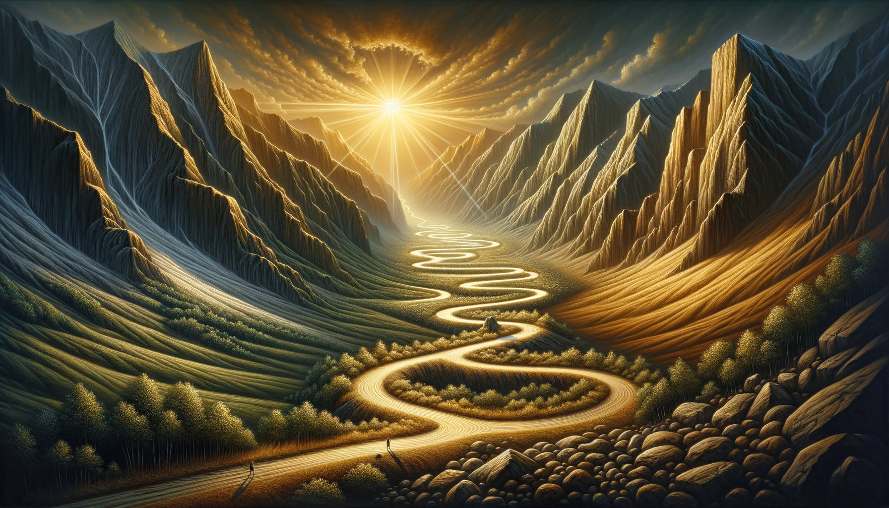 Peinture symbolique d'un chemin de montagne convergent vers l'horizon lumineux, métaphore de vision stratégique d'entreprise