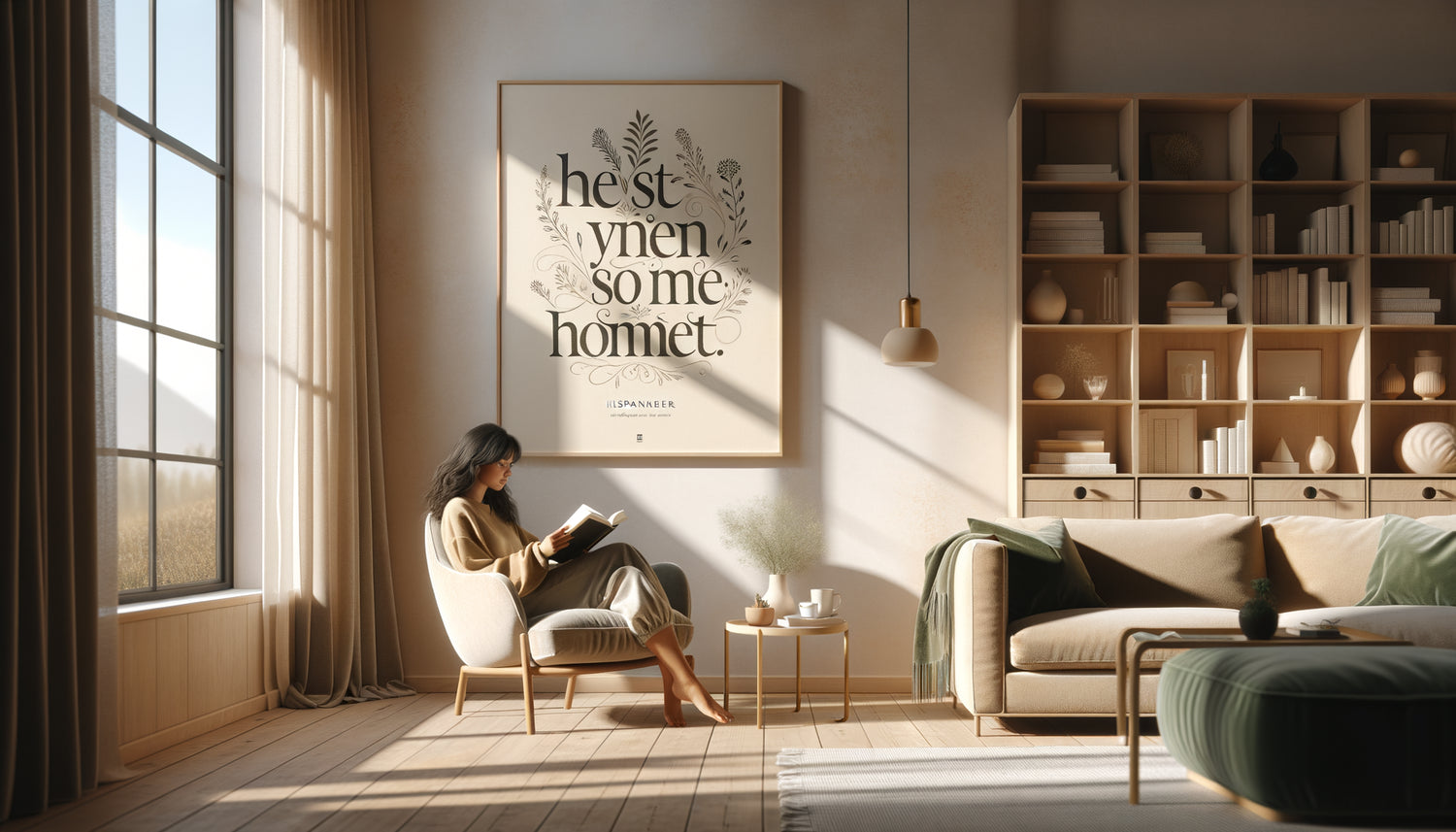 Intérieur contemporain chaleureux avec tableau citation inspirante encadré, personne lisant paisiblement dans fauteuil confortable