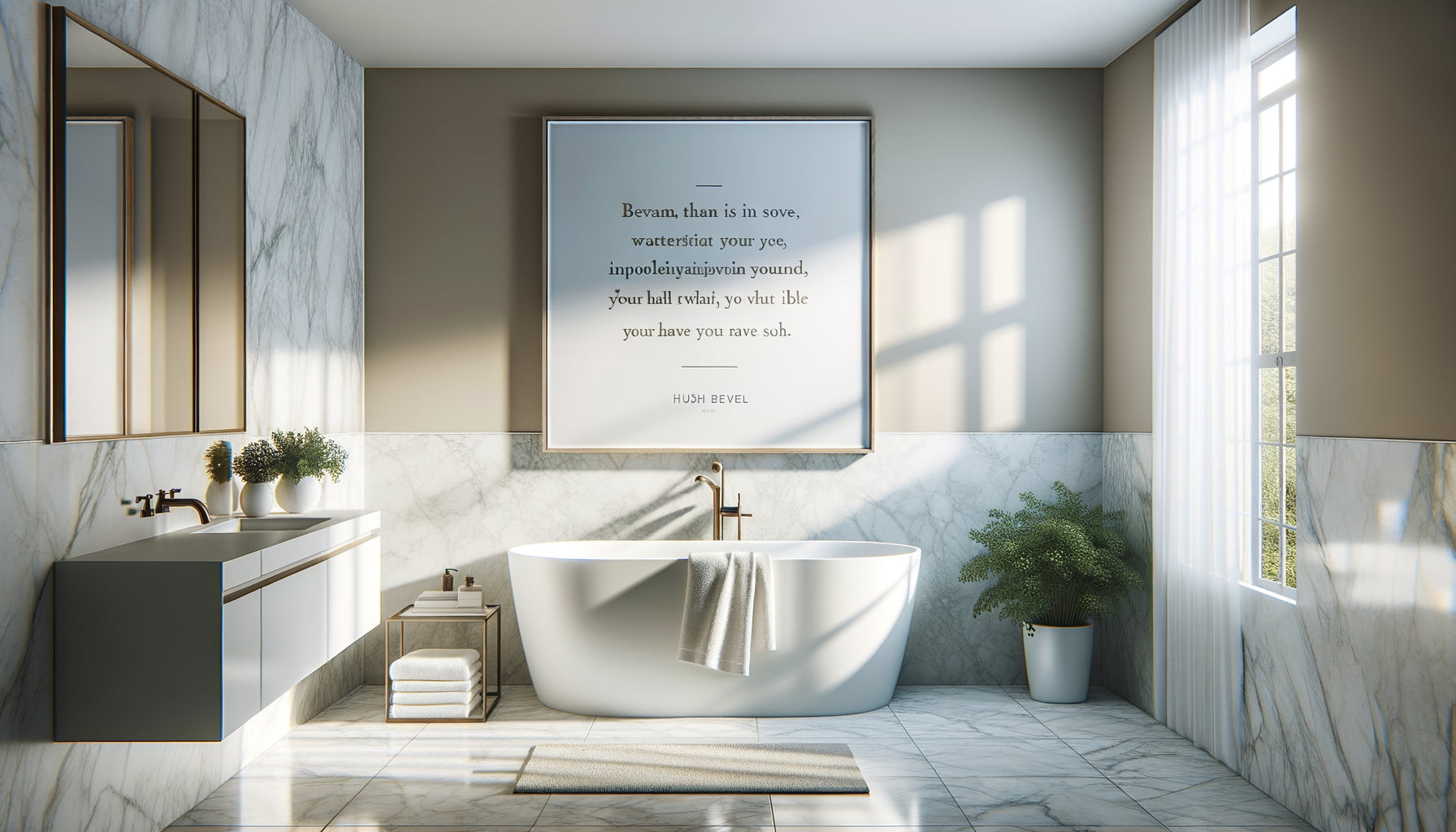 Salle de bain moderne épurée avec tableau citation inspirante au-dessus de la baignoire, ambiance sanctuaire personnel