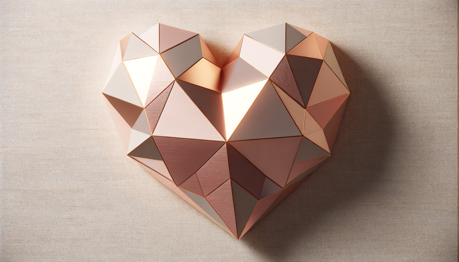 Tableau contemporain avec cœur géométrique facetté en tons rose gold, fusion design minimaliste et symbolisme romantique