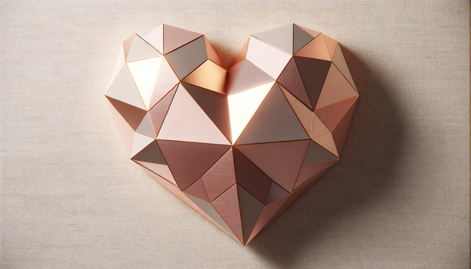 Tableau contemporain avec cœur géométrique facetté en tons rose gold, fusion design minimaliste et symbolisme romantique