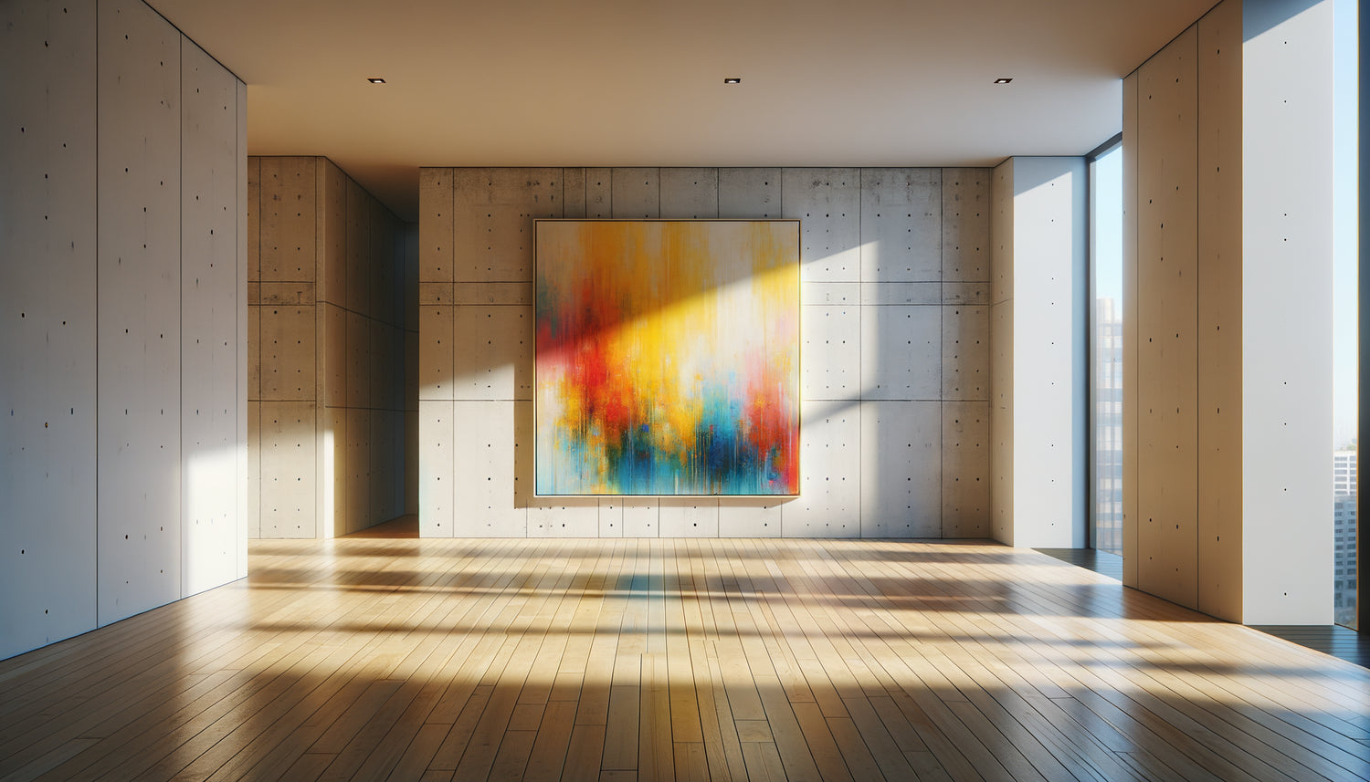 Appartement vide moderne avec tableau coloré abstrait vibrant comme unique point focal sur mur blanc