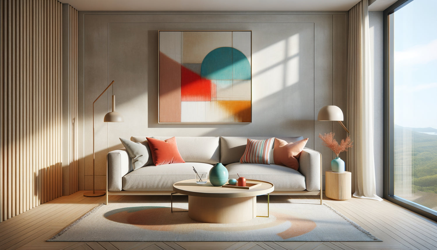 Salon minimaliste neutre avec tableau coloré vibrant comme point focal, démonstration d'harmonie chromatique équilibrée