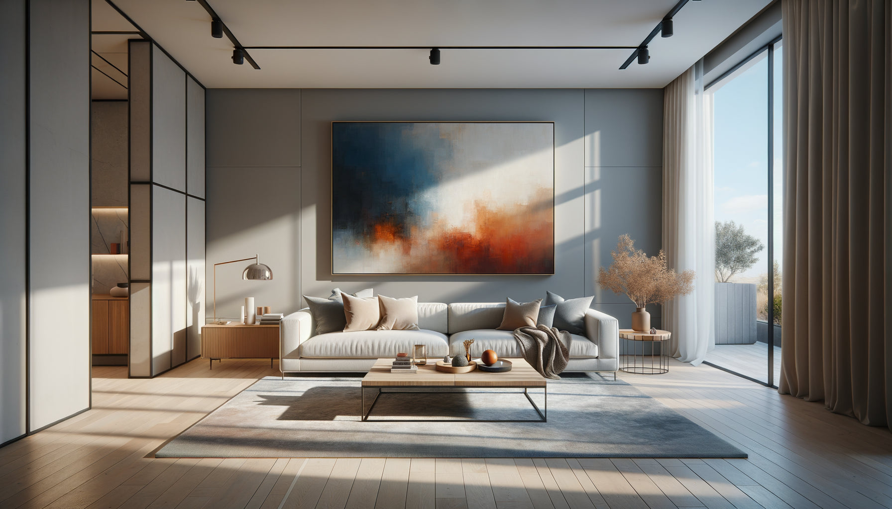 Salon contemporain aux tons neutres rehaussé par un tableau abstrait coloré créant un point focal dynamique