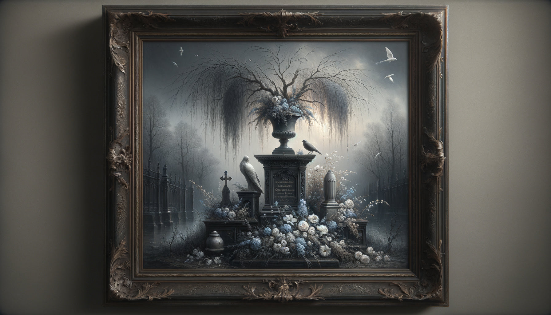 Tableau commémoratif de deuil du 19ème siècle avec symbolique mortuaire, saule pleureur et urne funéraire, style victorien