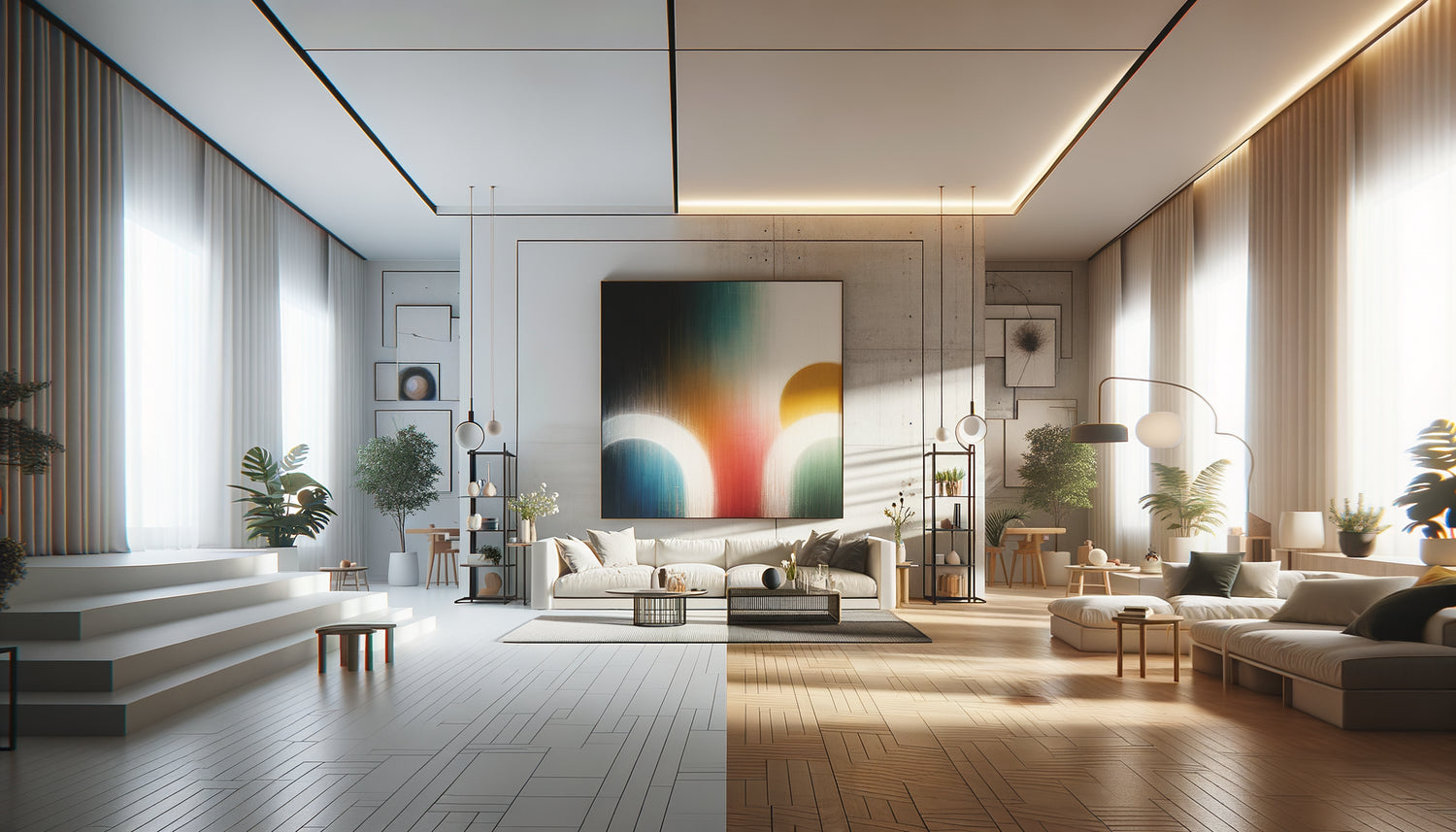 Intérieur contemporain neutre transformé par un grand tableau créant profondeur et caractère architectural