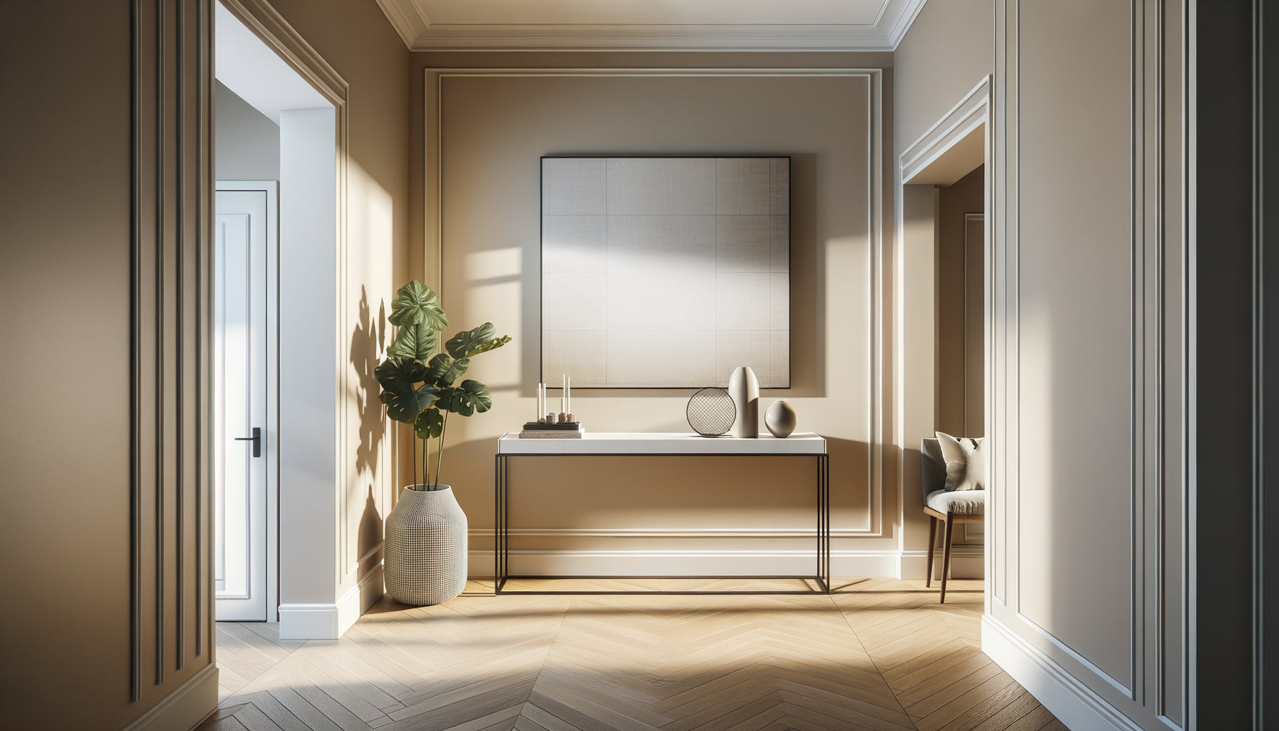 Tableau aux proportions idéales accroché au-dessus d'une console dans un couloir d'entrée moderne