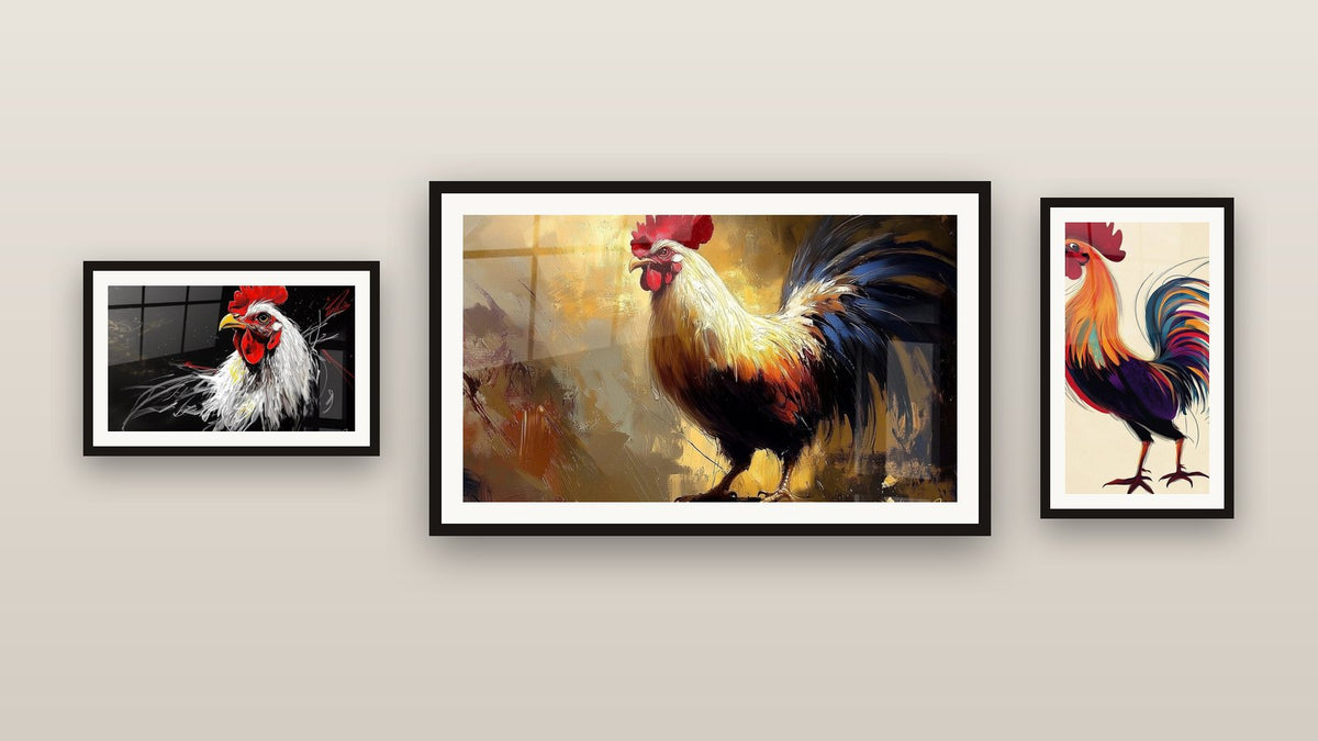 Gallery wall with three framed paintings, including Rooster Wall Art N°6
