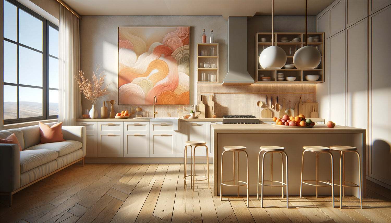 Tableau abstrait aux tonalités corail et pêche dans une cuisine familiale contemporaine lumineuse et chaleureuse