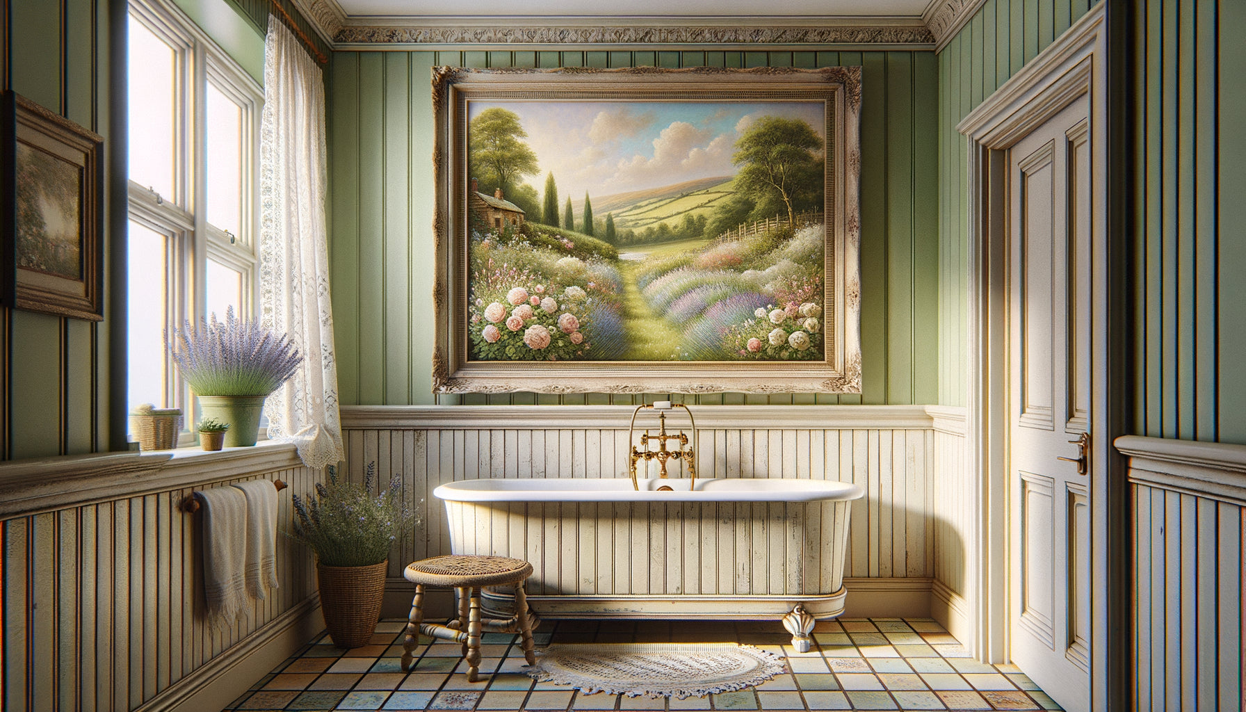 Salle de bain style cottage anglais avec tableau floral champêtre, ambiance cosy et rustique, tons pastel apaisants