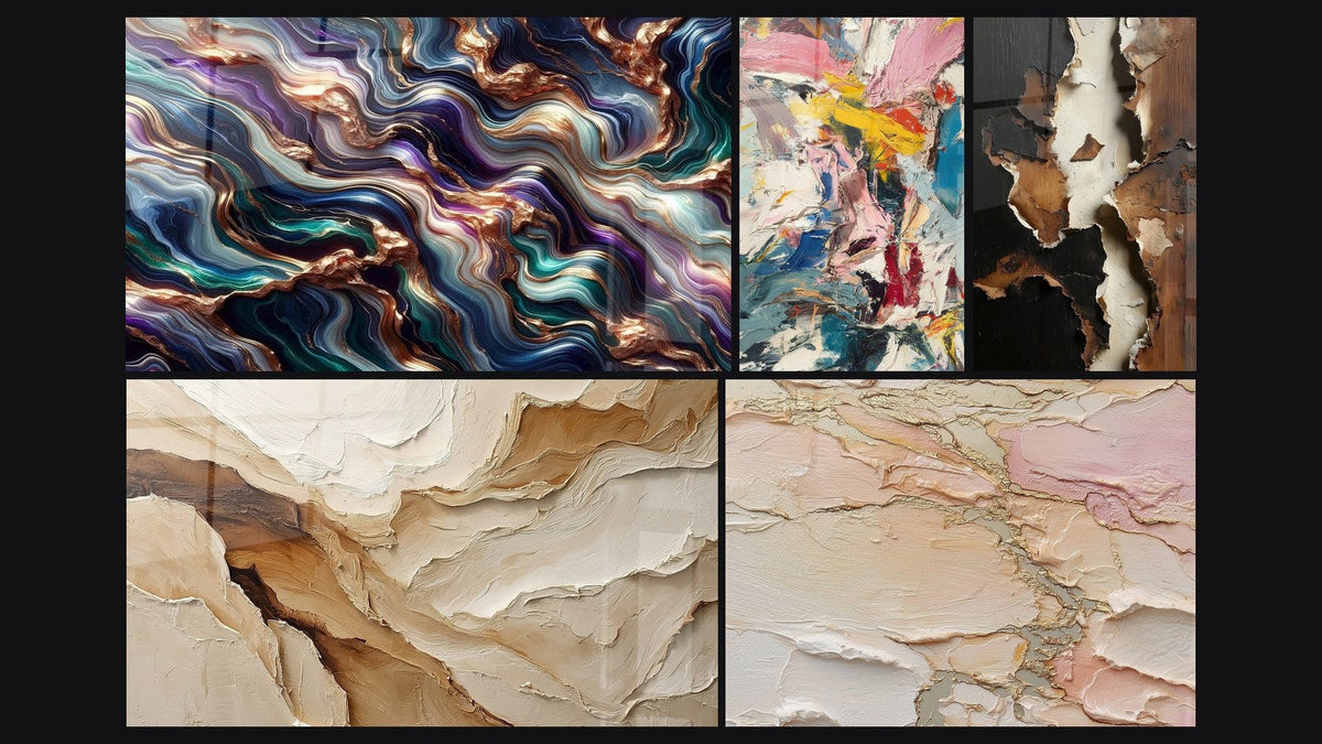 Mosaïque de cinq tableaux, dont Sérénade Minérale, Abstrait Beige et Terre et Explosion de couleurs